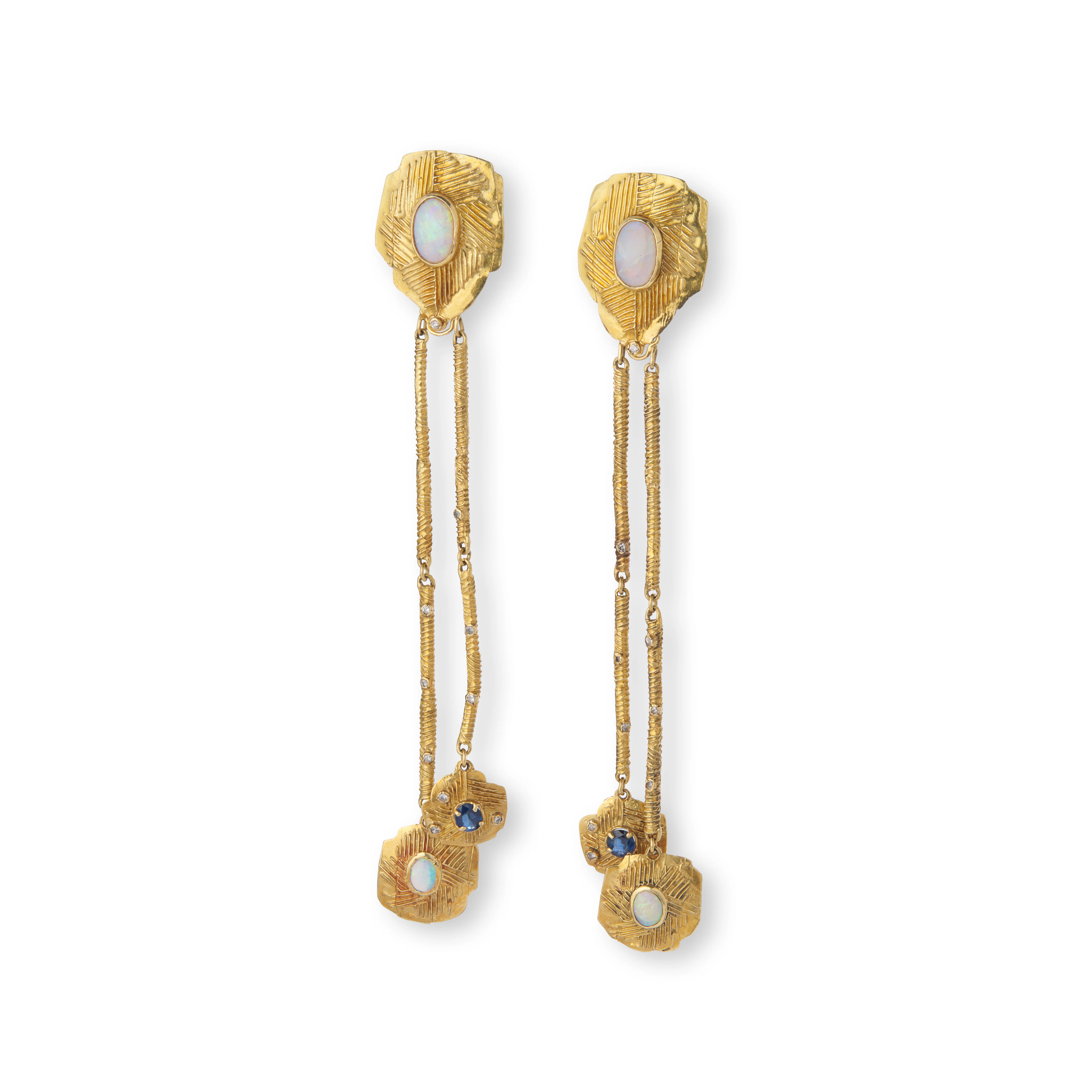 Jacqueline Stieger: A pair of opal, sapphire and diamond pendent earrings, 1982