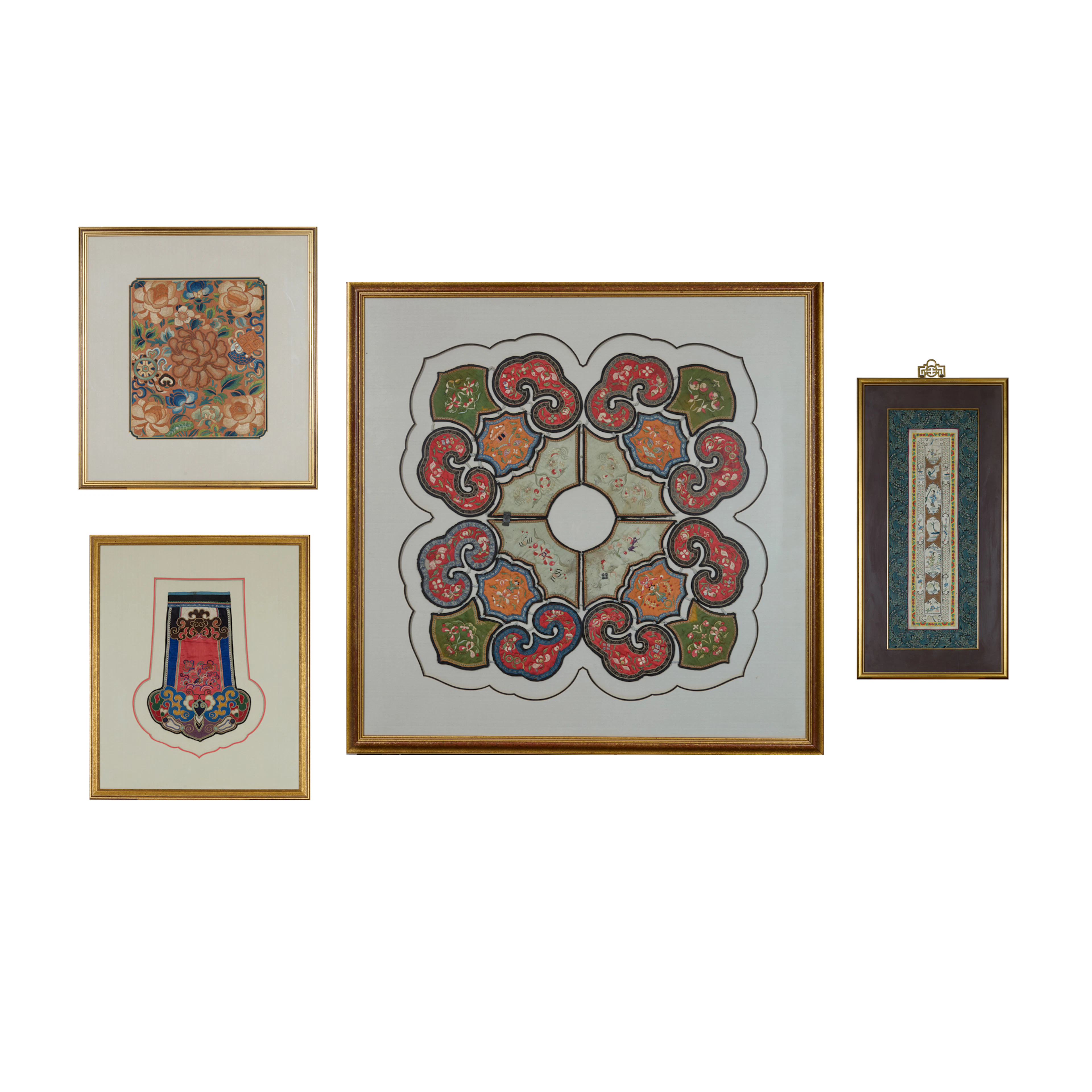 GROUP OF FOUR CHINESE SILK EMBROIDERED PANELS