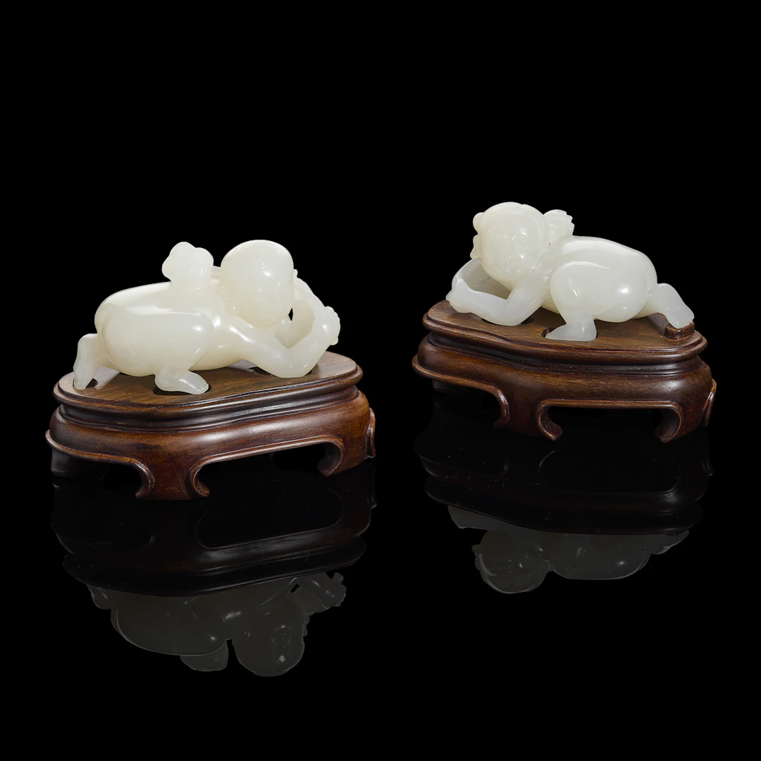 TWO CHINESE WHITE JADE CARVINGS OF HEHE TWINS
