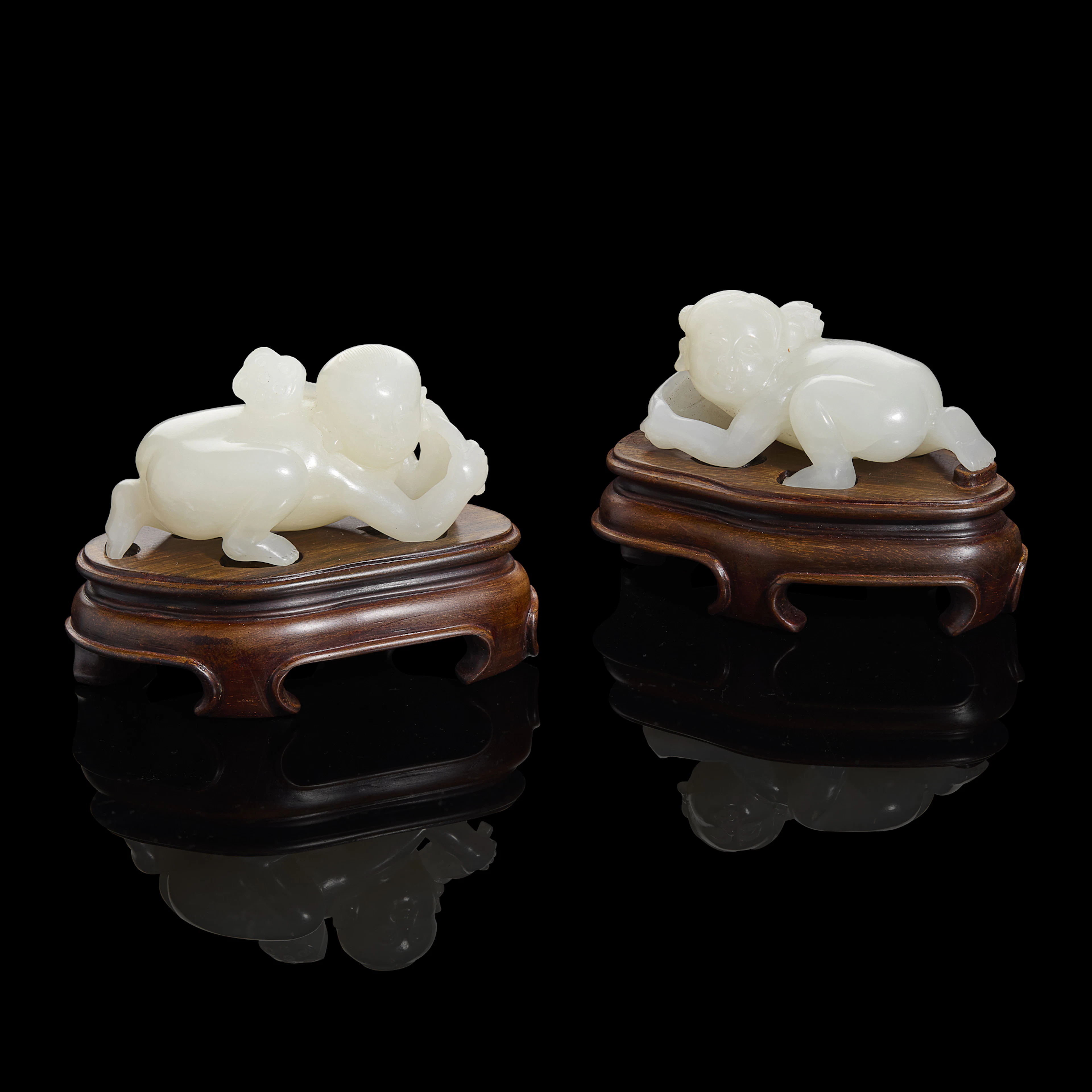 TWO CHINESE WHITE JADE CARVINGS OF HEHE TWINS