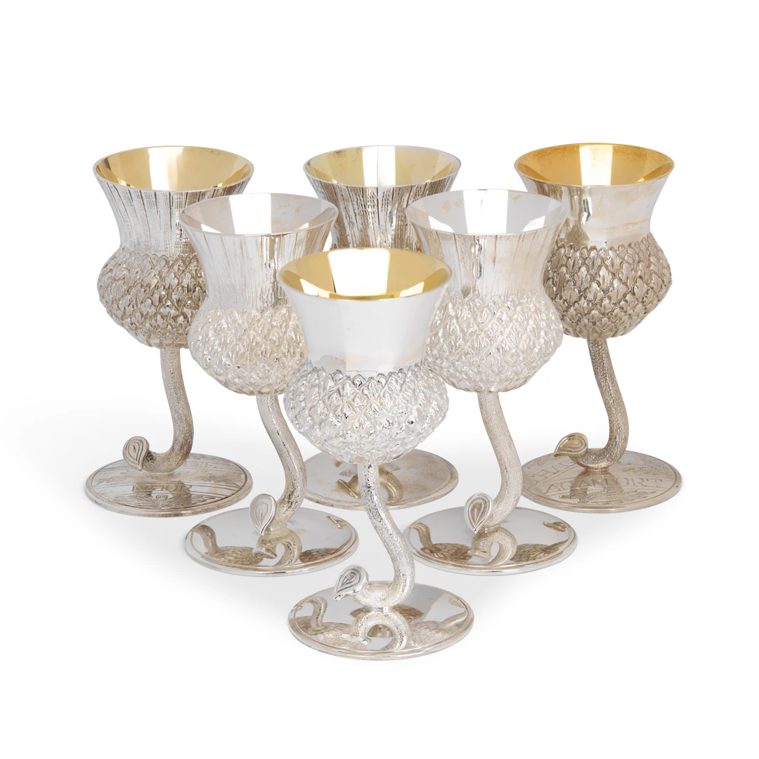 MATCHED SET OF SIX CONTEMPORARY SILVER STEMMED THISTLE GOBLETS