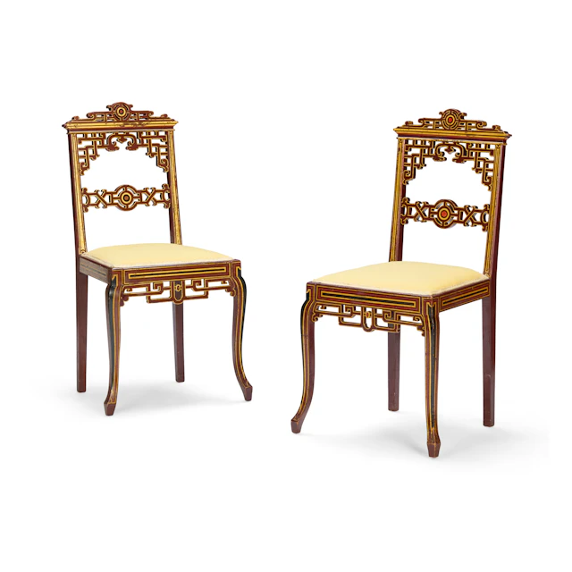 PAIR OF AESTHETIC PERIOD CHINESE STYLE RED LACQUER AND GILT SIDE CHAIRS