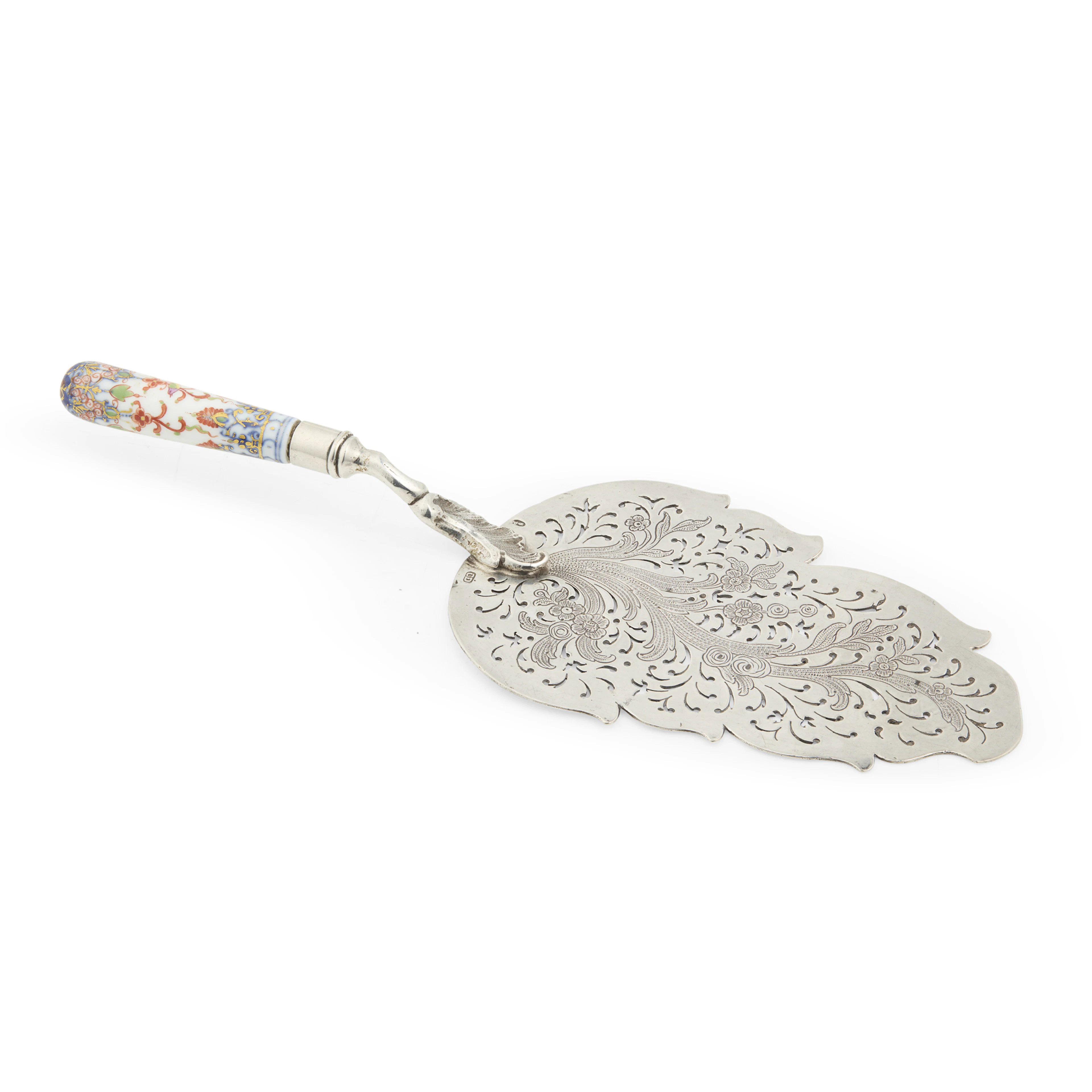 GERMAN SILVER PORCELAIN HANDLED CAKE SERVER, CHRISTIAN DRENTWETT II