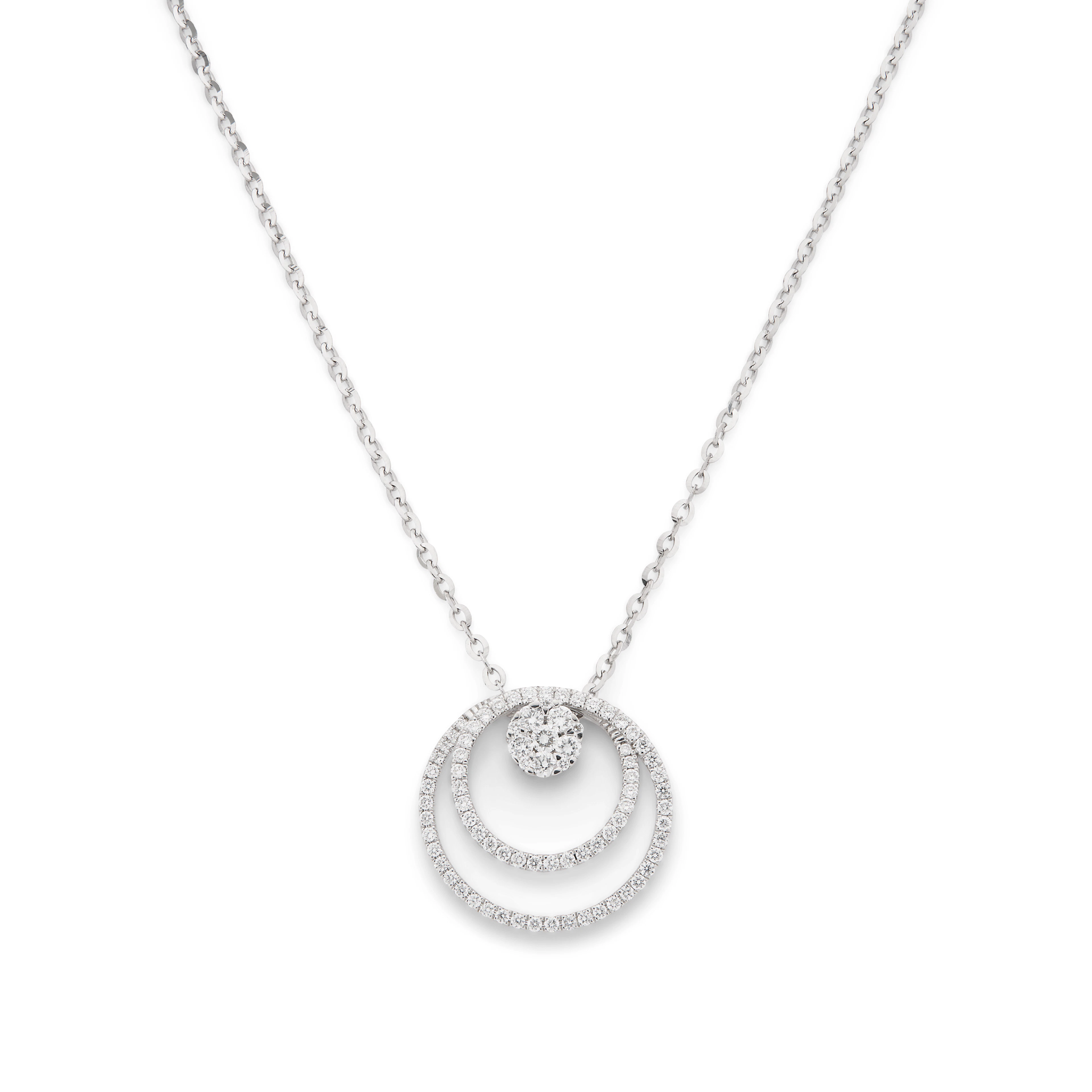 A circular diamond pendant necklace