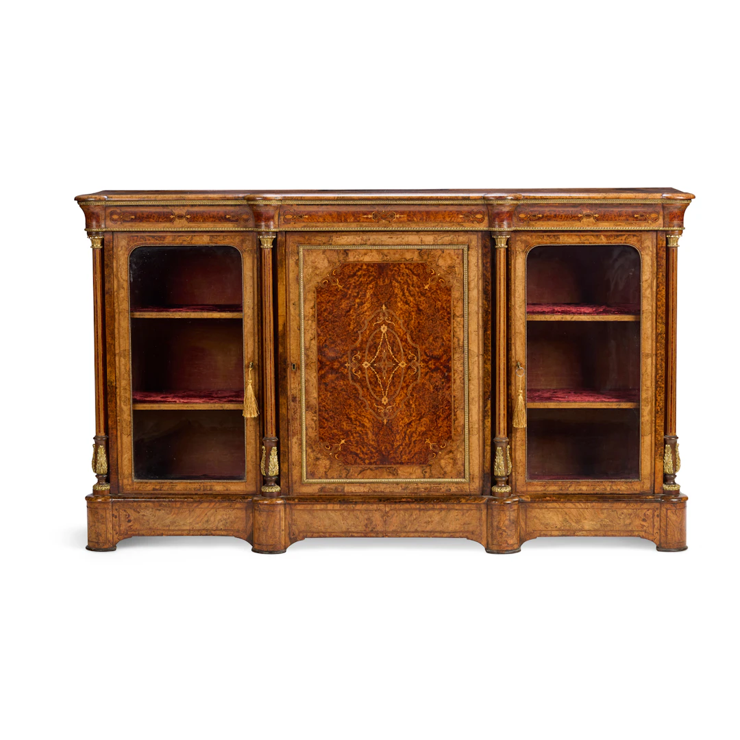 VICTORIAN WALNUT, AMBOYNA, AND MARQUETRY GILT METAL MOUNTED CREDENZA