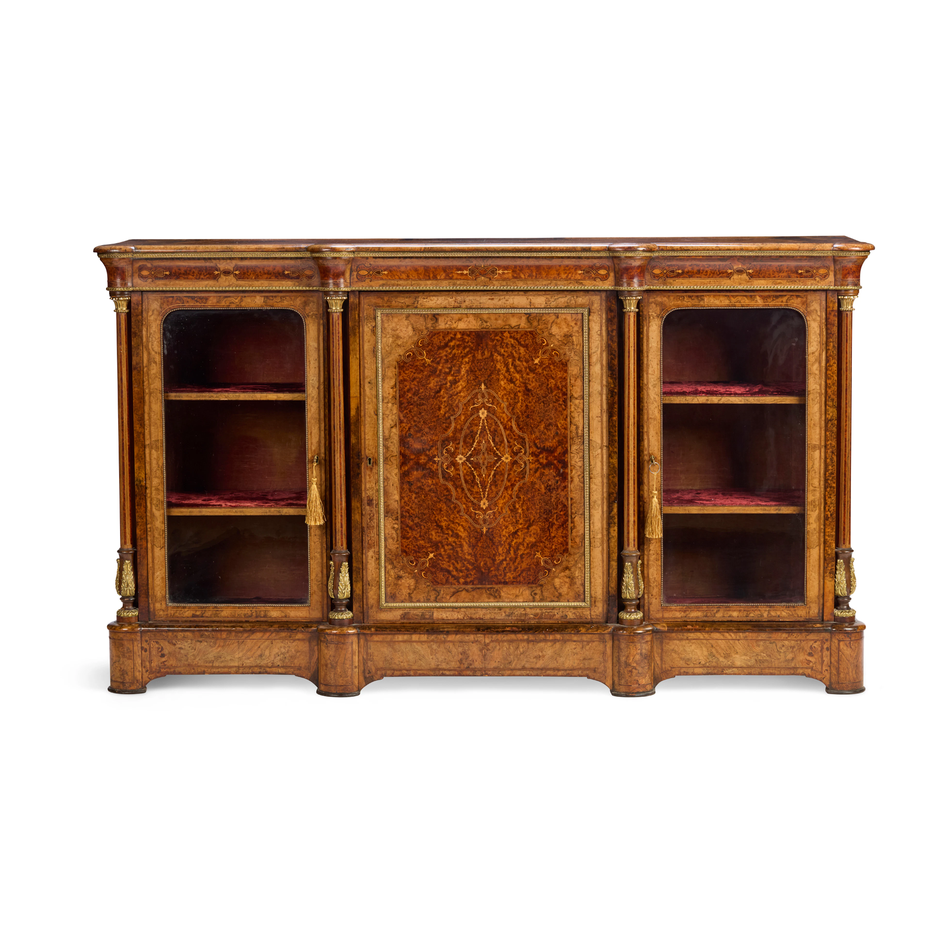 VICTORIAN WALNUT, AMBOYNA, AND MARQUETRY GILT METAL MOUNTED CREDENZA