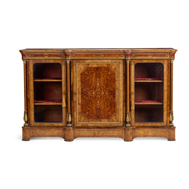 VICTORIAN WALNUT, AMBOYNA, AND MARQUETRY GILT METAL MOUNTED CREDENZA