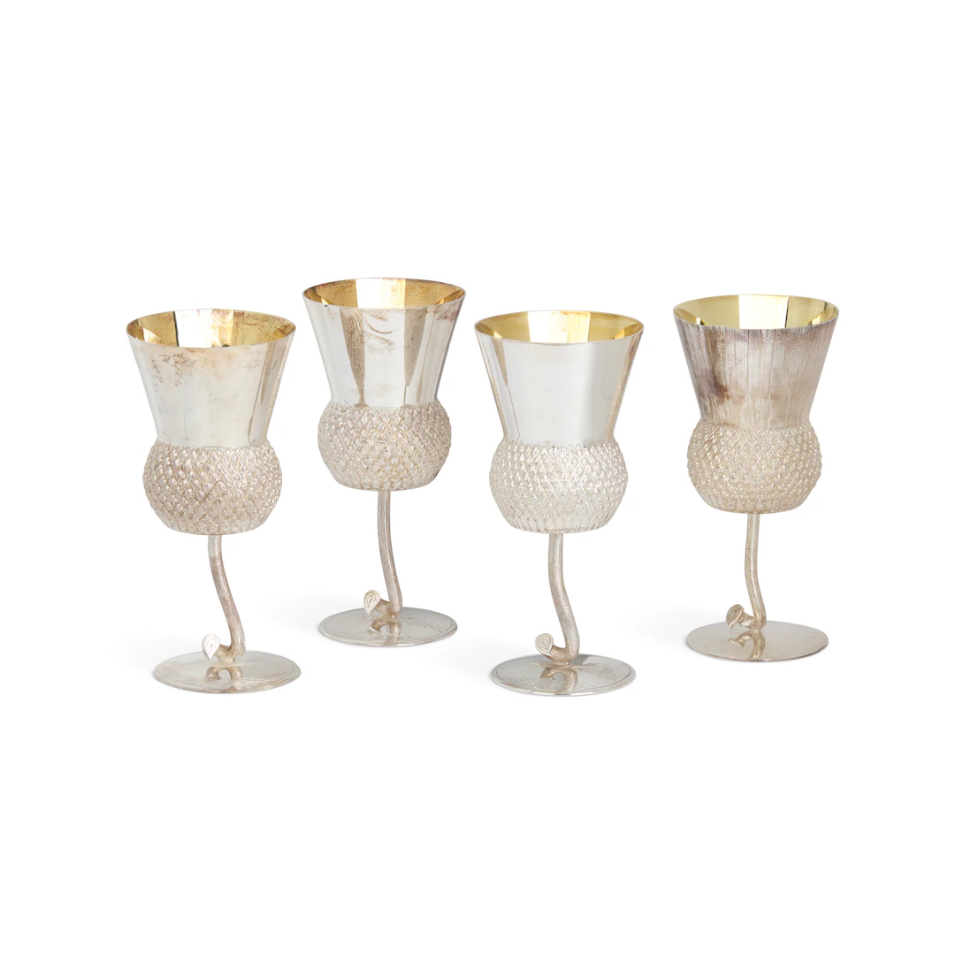 MATCHED SET OF FOUR CONTEMPORARY SILVER STEMMED THISTLE GOBLETS