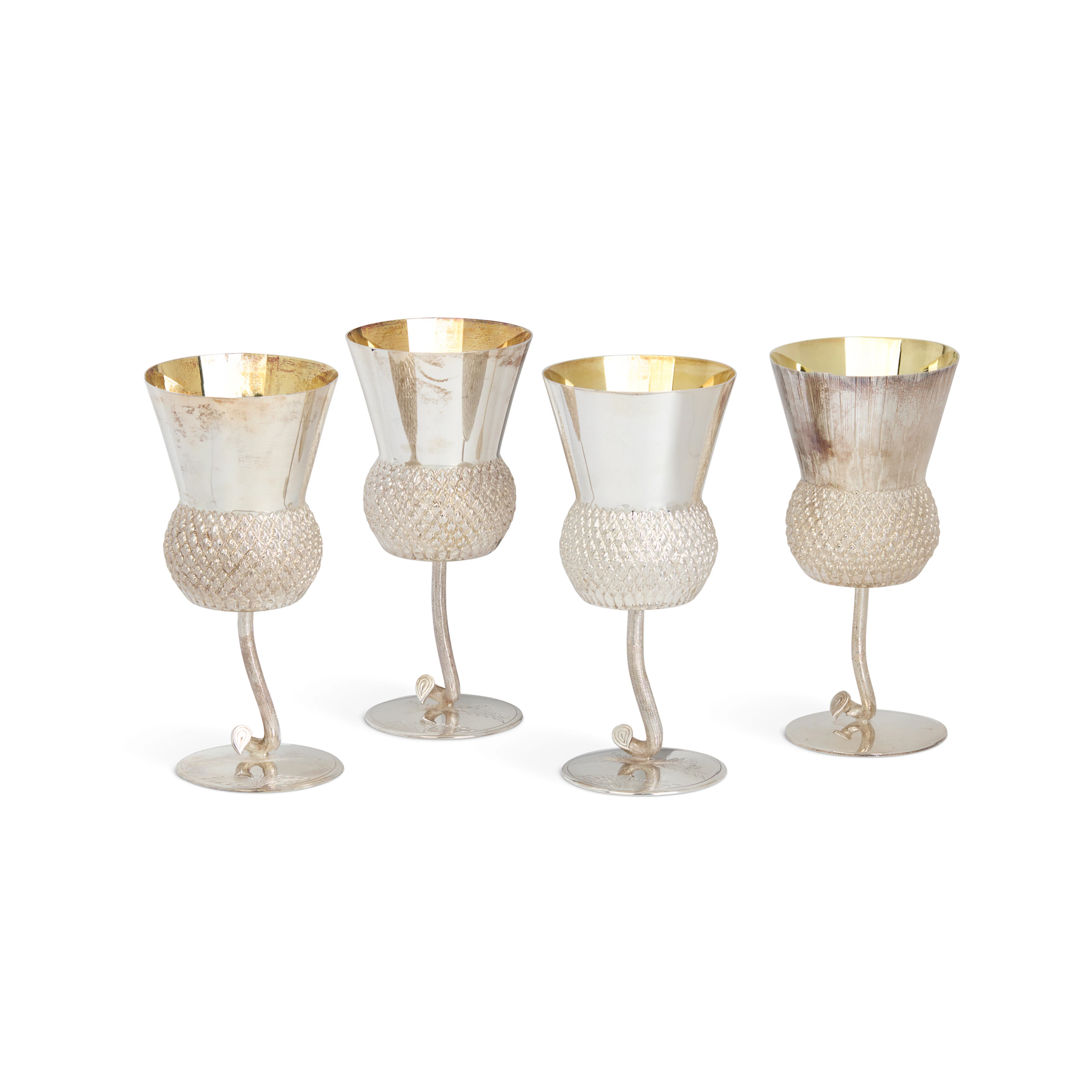 MATCHED SET OF FOUR CONTEMPORARY SILVER STEMMED THISTLE GOBLETS
