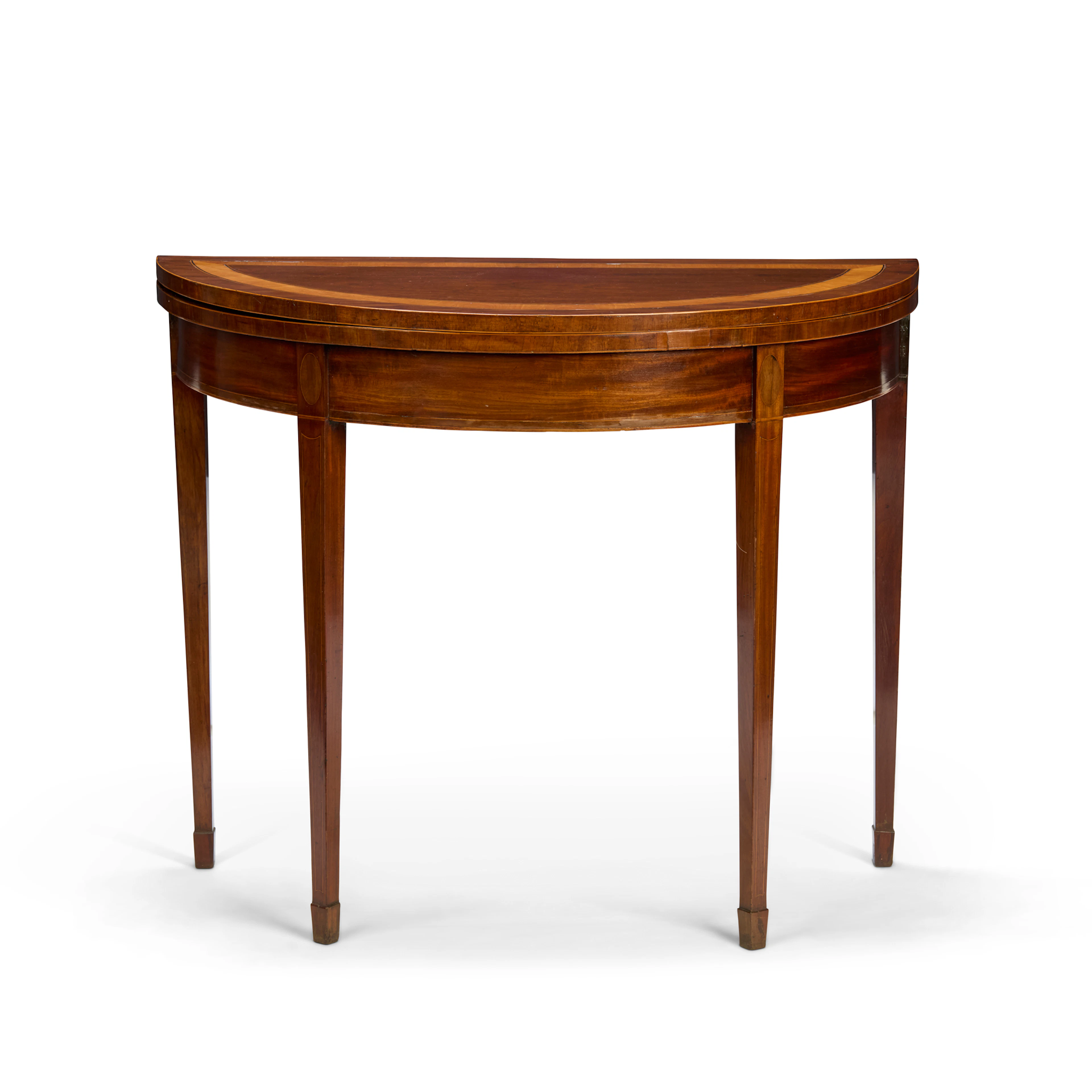 GEORGE III MAHOGANY AND SATINWOOD DEMI-LUNE TEA TABLE