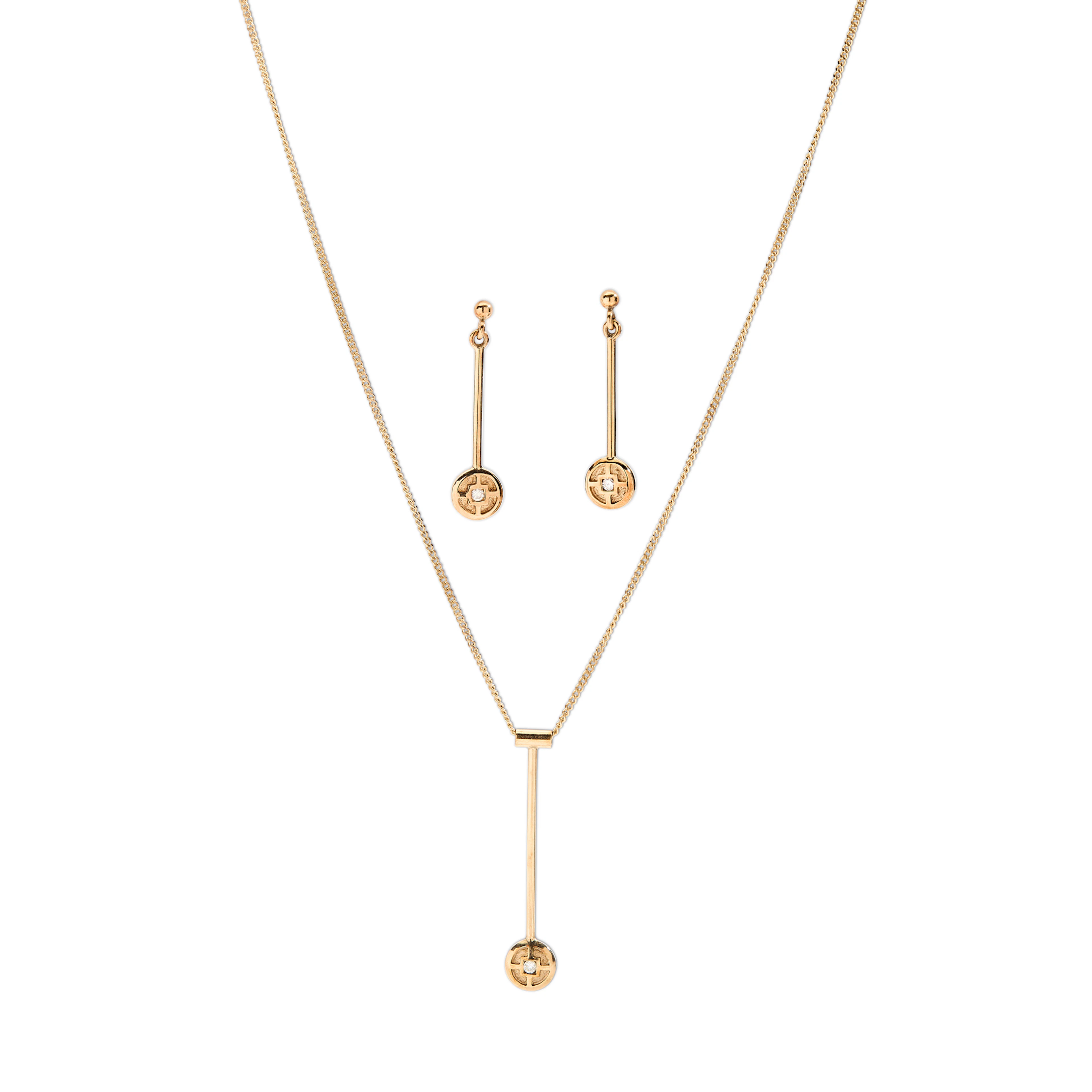 Sheila Fleet: A 9ct gold 'Mine Howe' diamond pendant and matching earrings