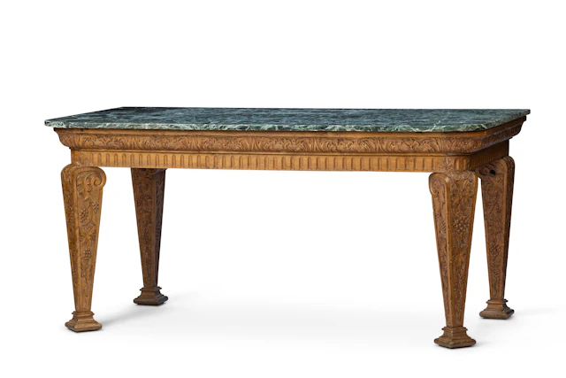 LOUIS XIV STYLE CARVED BEECH MARBLE TOPPED HALL TABLE