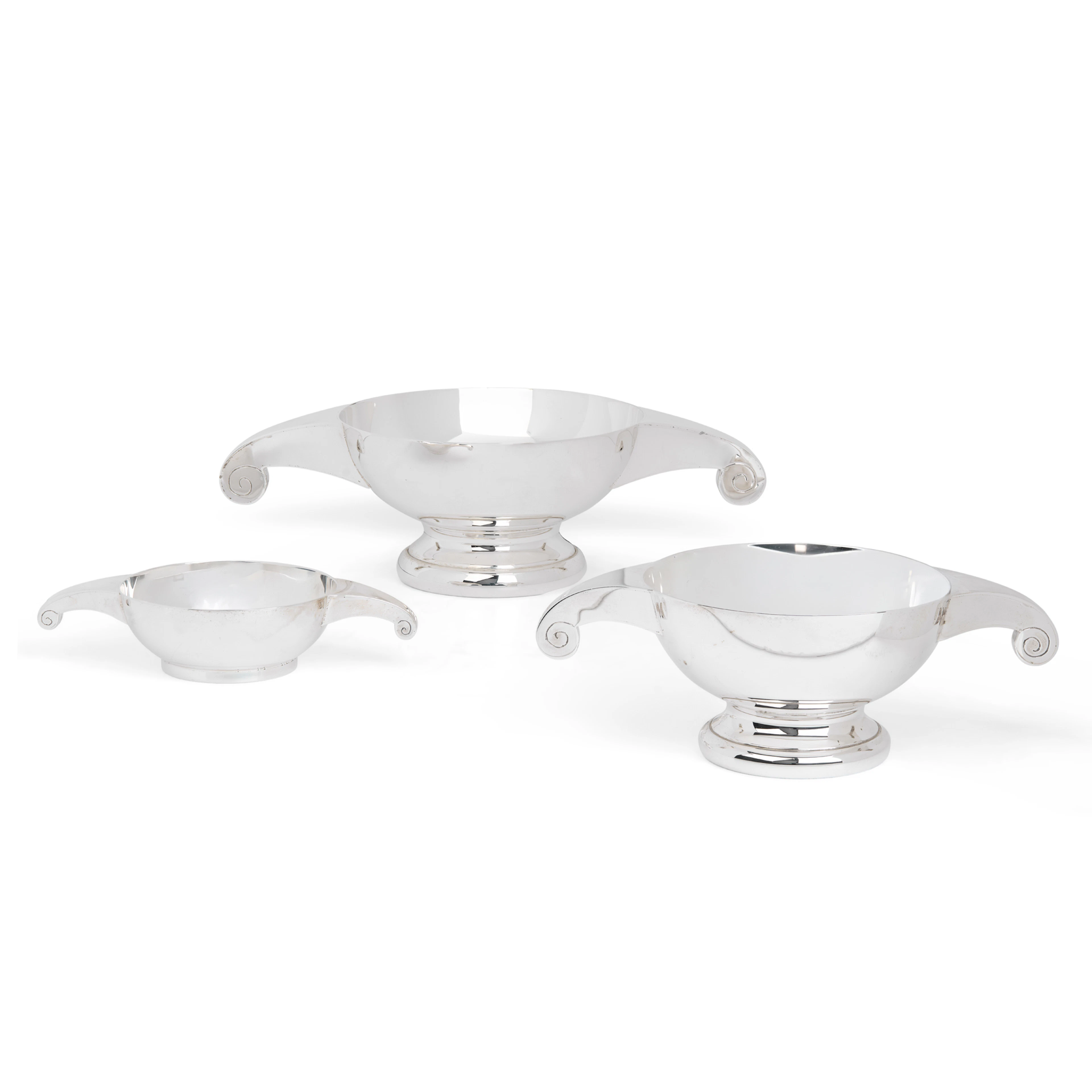 MATCHED SET OF THREE CONTEMPORARY SILVER GRADUATED SCROLL QUAICHS