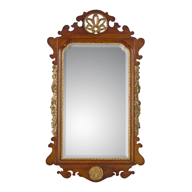 GEORGIAN STYLE MAHOGANY AND PARCEL GILT MIRROR