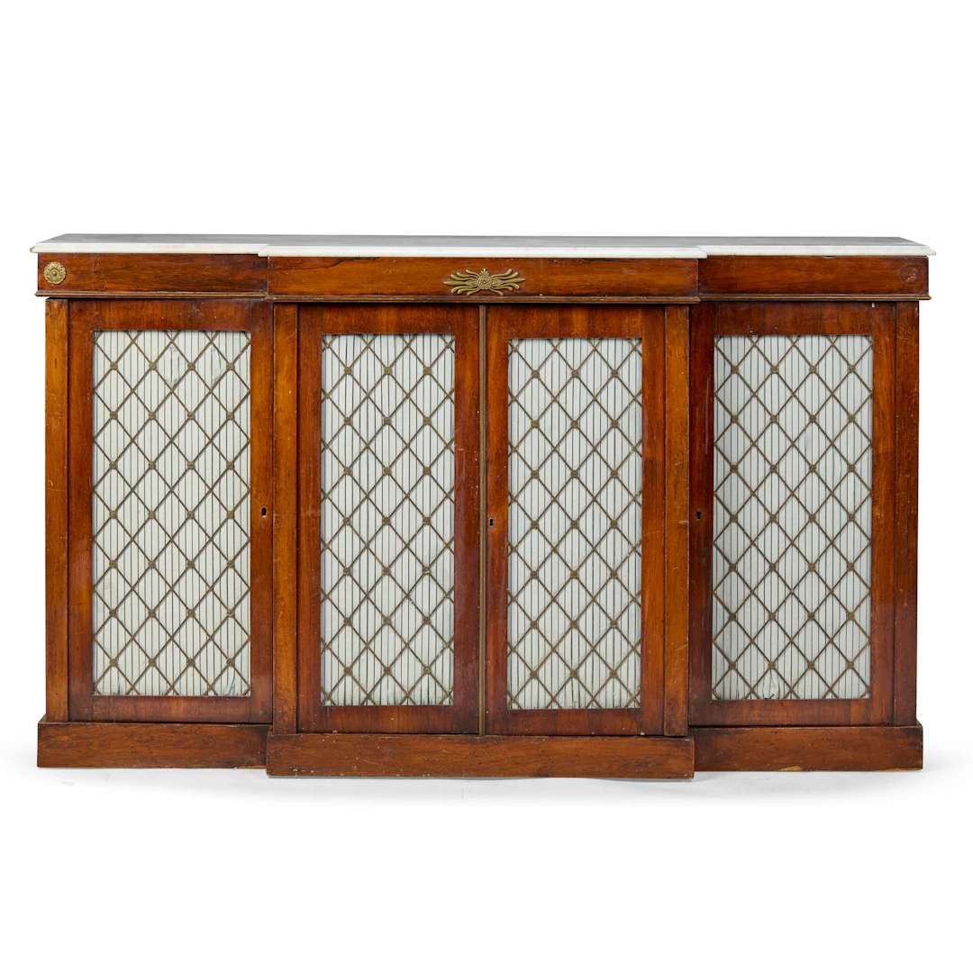 REGENCY ROSEWOOD MARBLE TOPPED BREAKFRONT SIDE CABINET