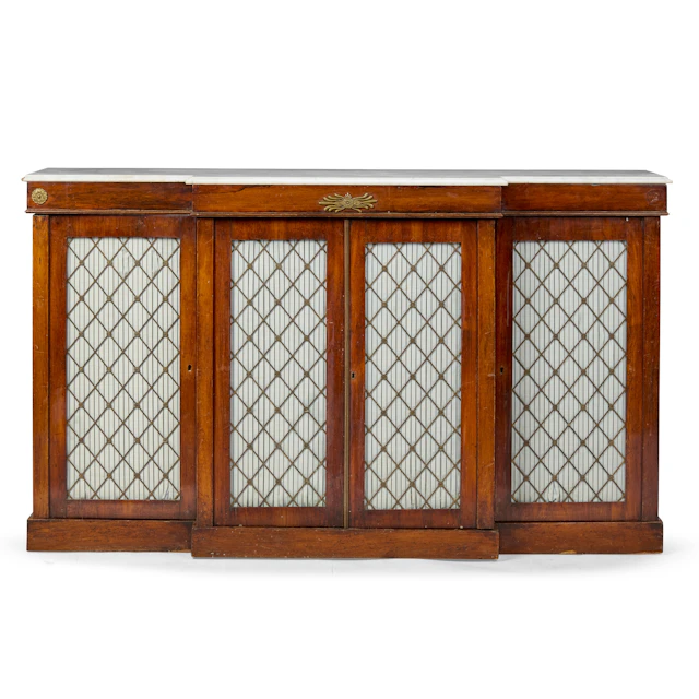 REGENCY ROSEWOOD MARBLE TOPPED BREAKFRONT SIDE CABINET