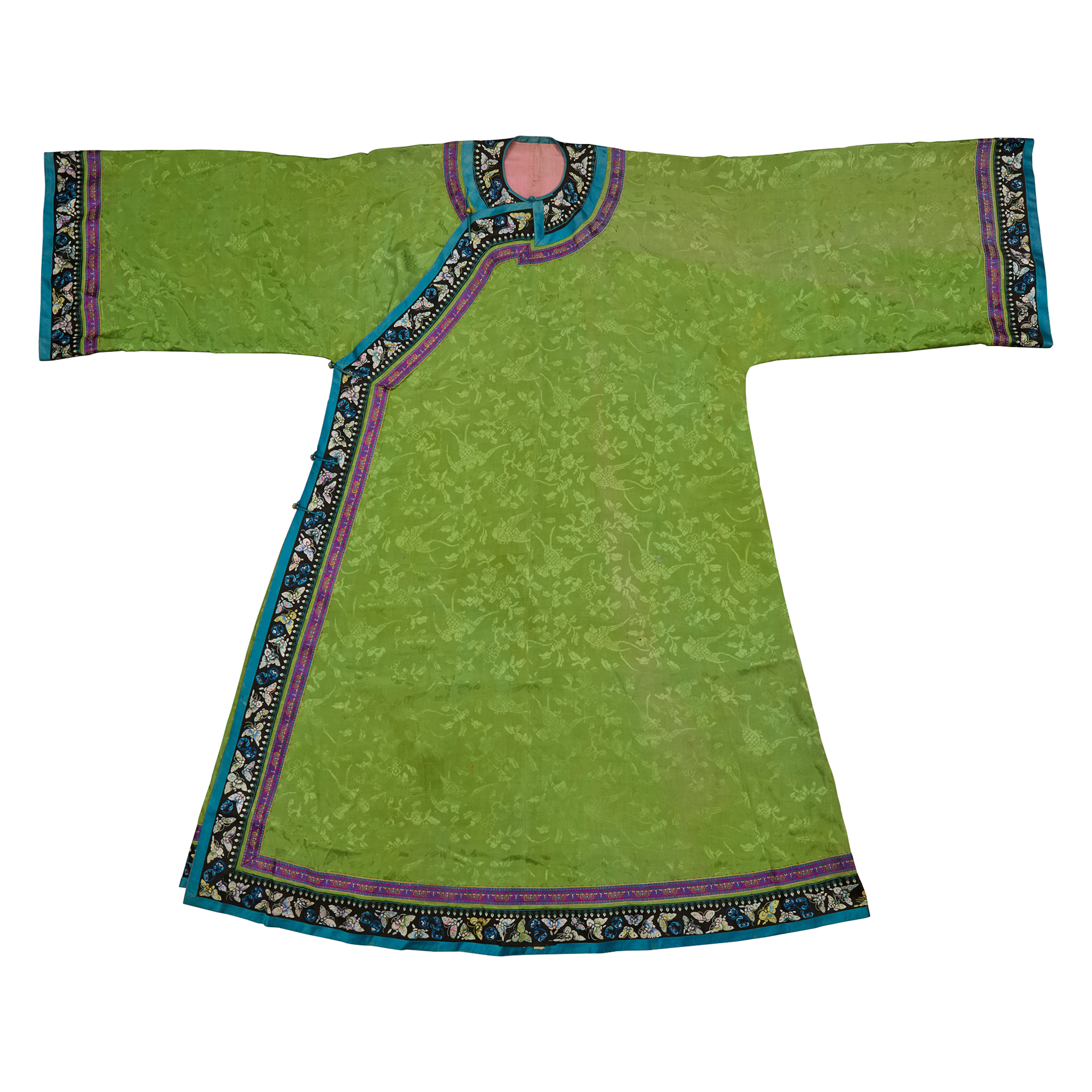 CHINESE LIME-GREEN-GROUND SILK EMBRODERED 'BIRD AND FLOWER' LADY'S ROBE
