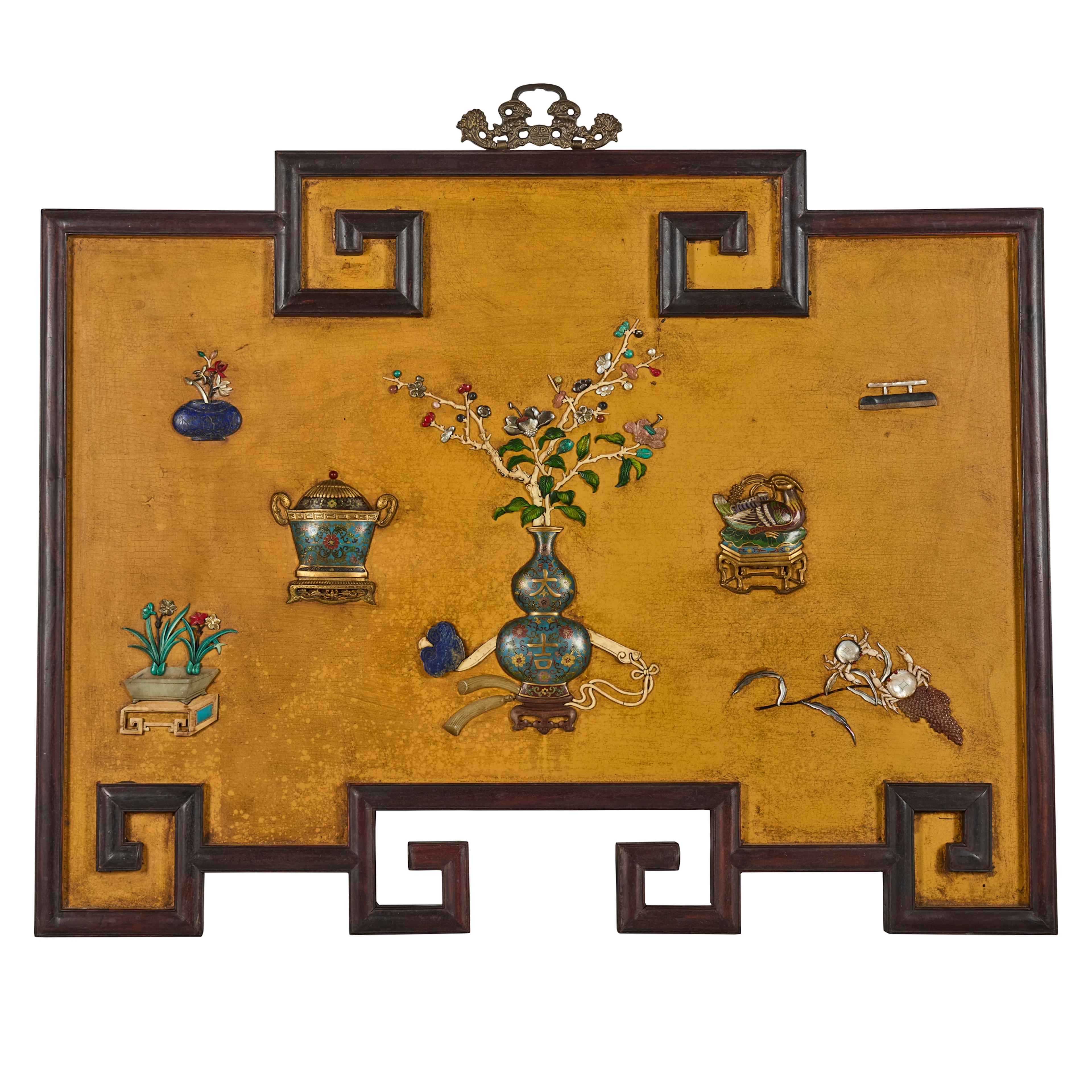 LARGE CHINESE INLAID 'PRECIOUS ANTIQUES' WOODEN WALL PANEL