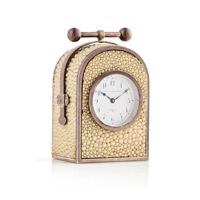 VICTORIAN SILVER AND SHAGREEN MINIATURE DESK CLOCK, WALTER THORNHILL