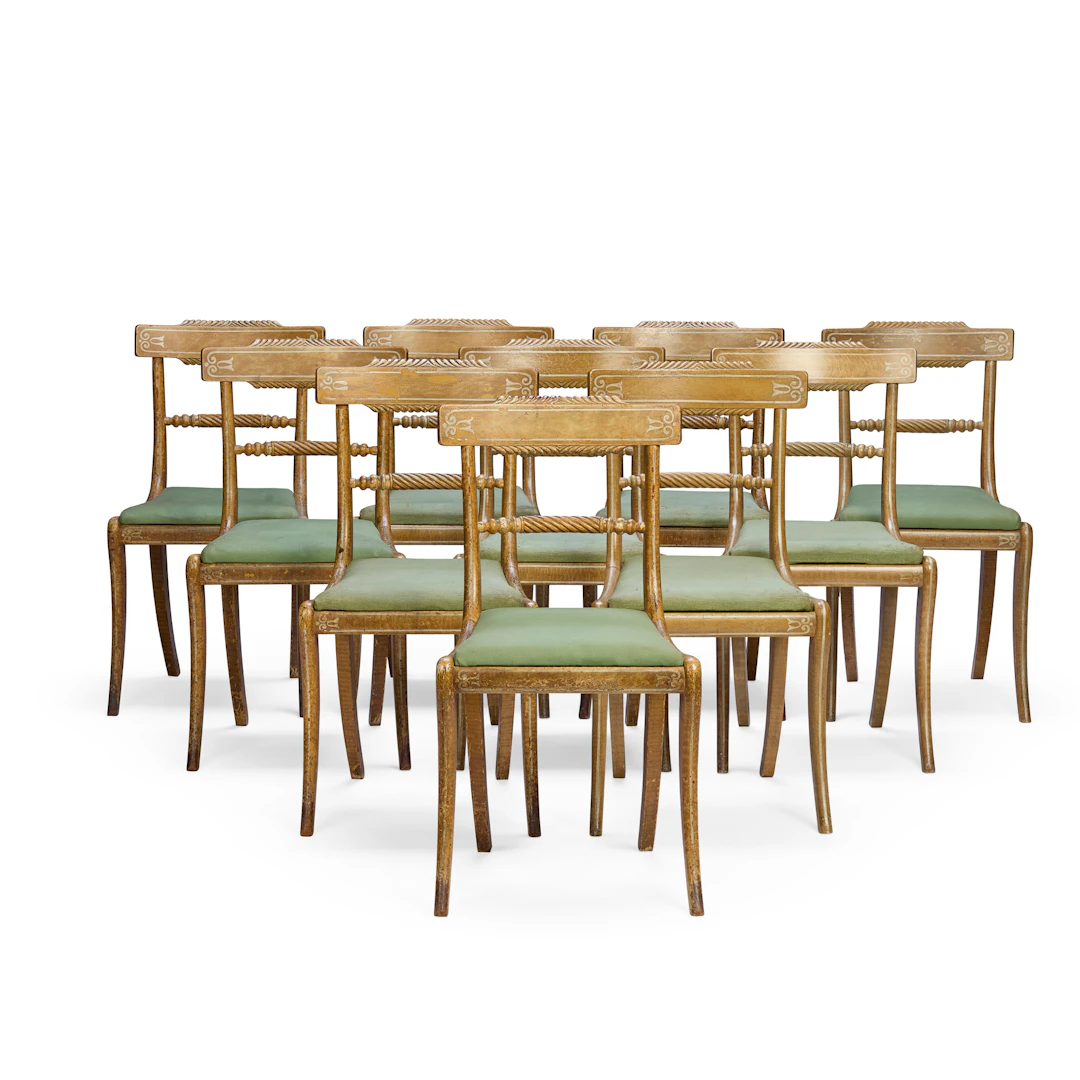 SET OF TWELVE REGENCY CREAM PAINTED BEECH DINING CHAIRS