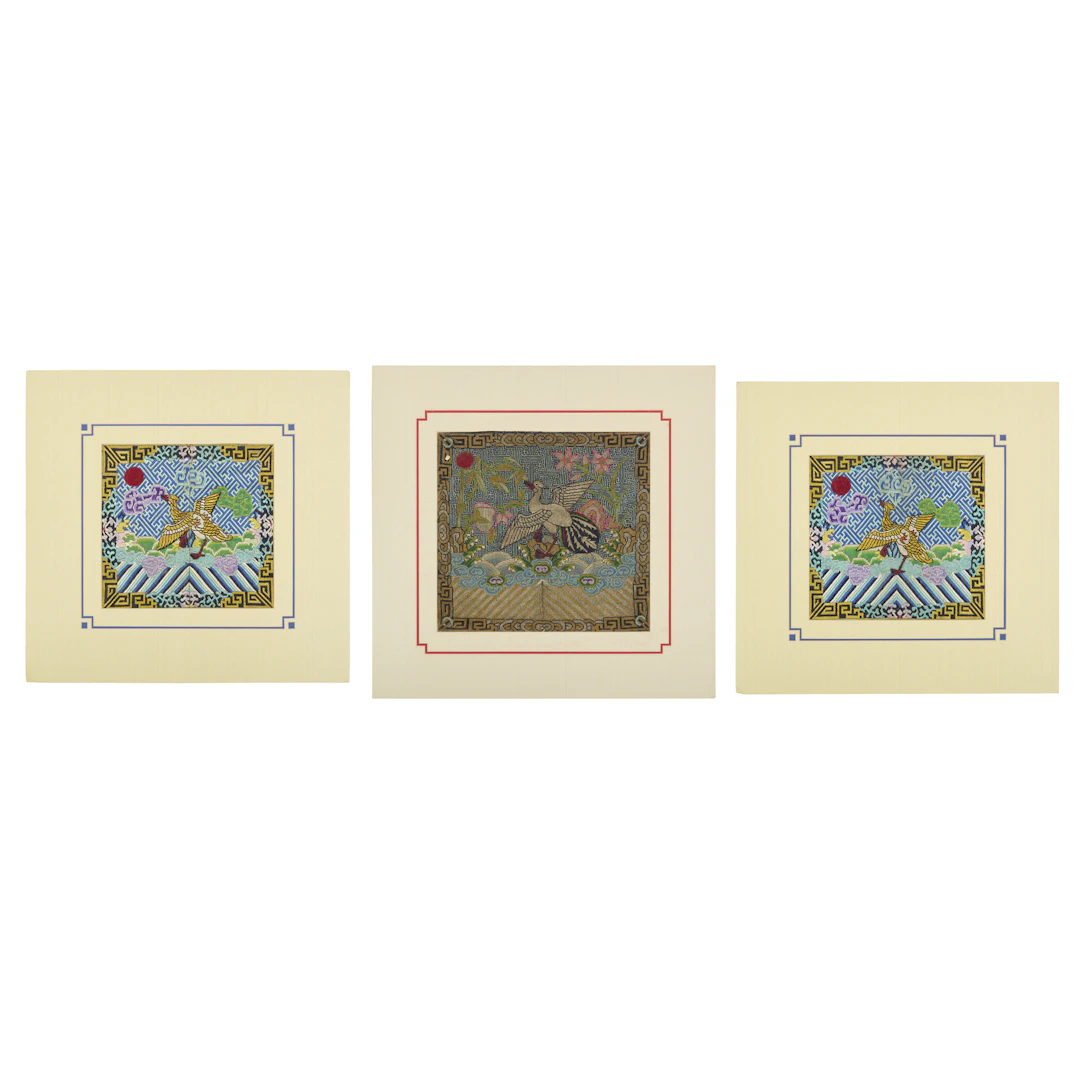 GROUP OF THREE CHINESE SILK EMBRPIDERED CIVIL RANK BADGES
