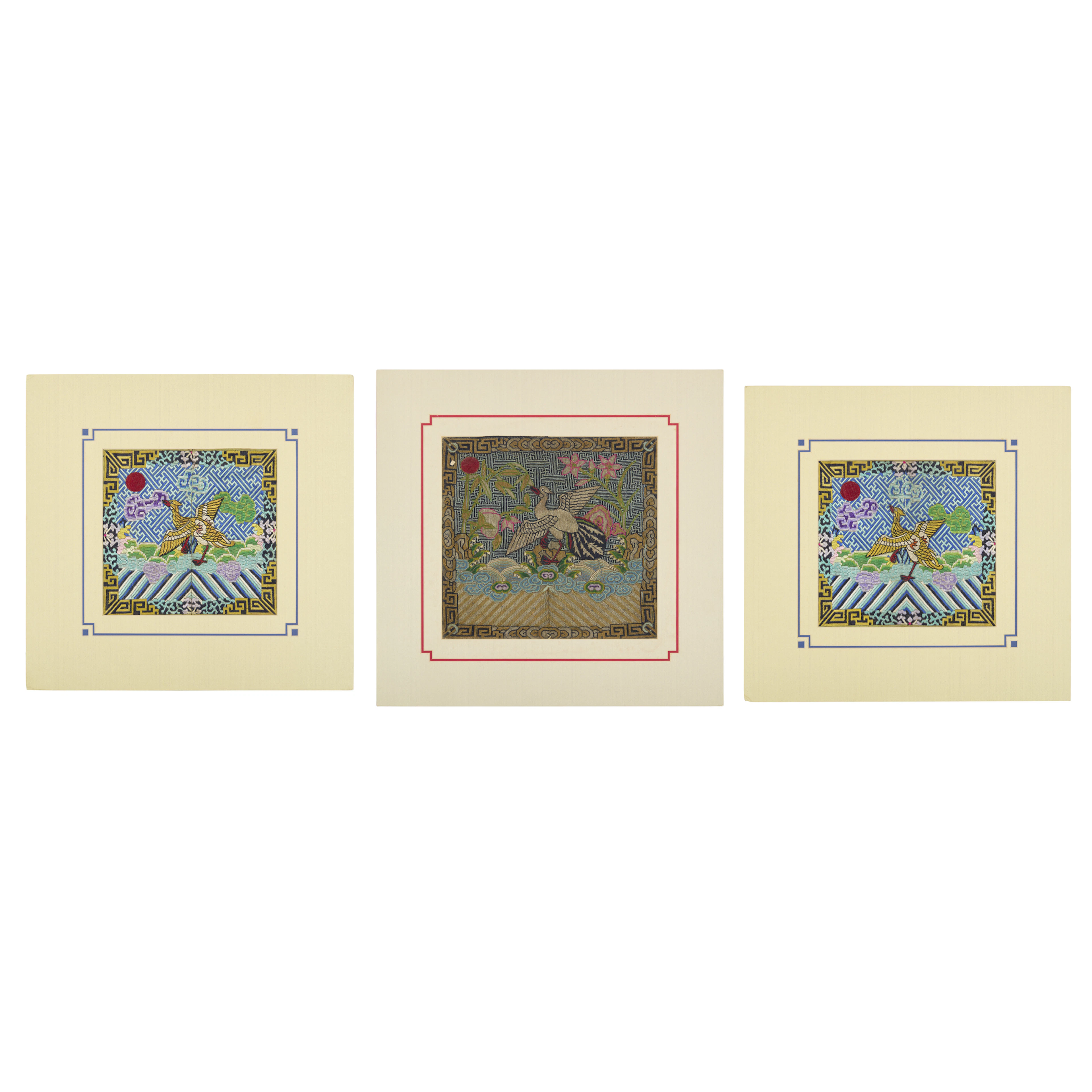 GROUP OF THREE CHINESE SILK EMBRPIDERED CIVIL RANK BADGES