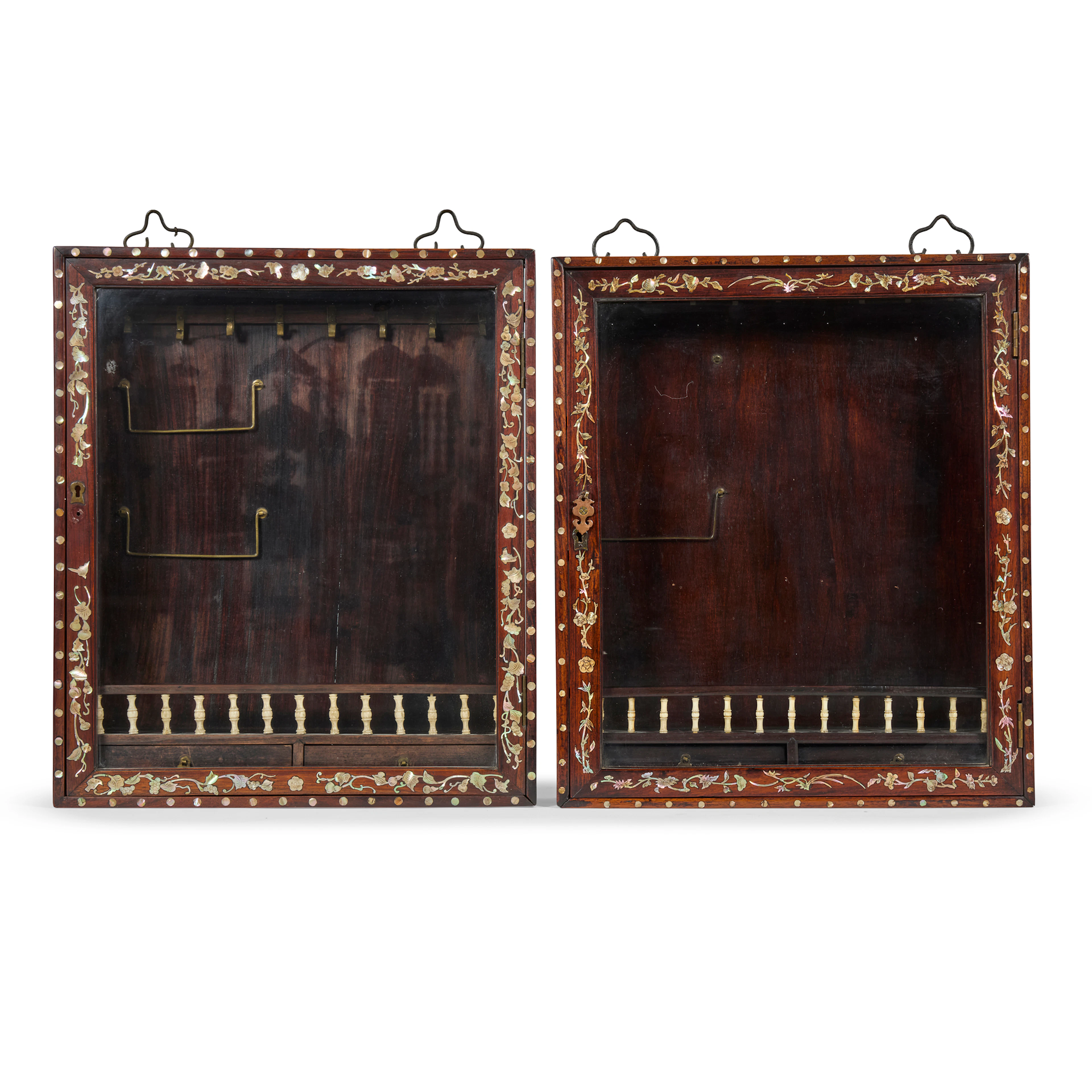 PAIR OF CHINESE MOTHER-OF-PEARL INLAID HONGMU DISPLAY WALL CABINETS