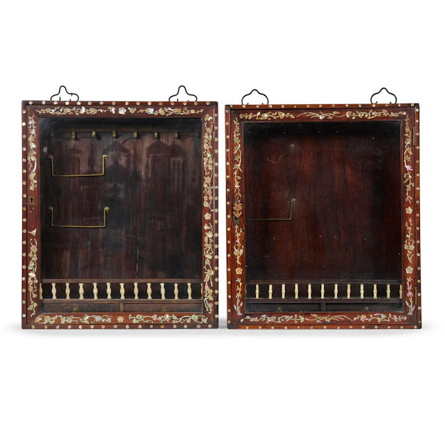 PAIR OF CHINESE MOTHER-OF-PEARL INLAID HONGMU DISPLAY WALL CABINETS