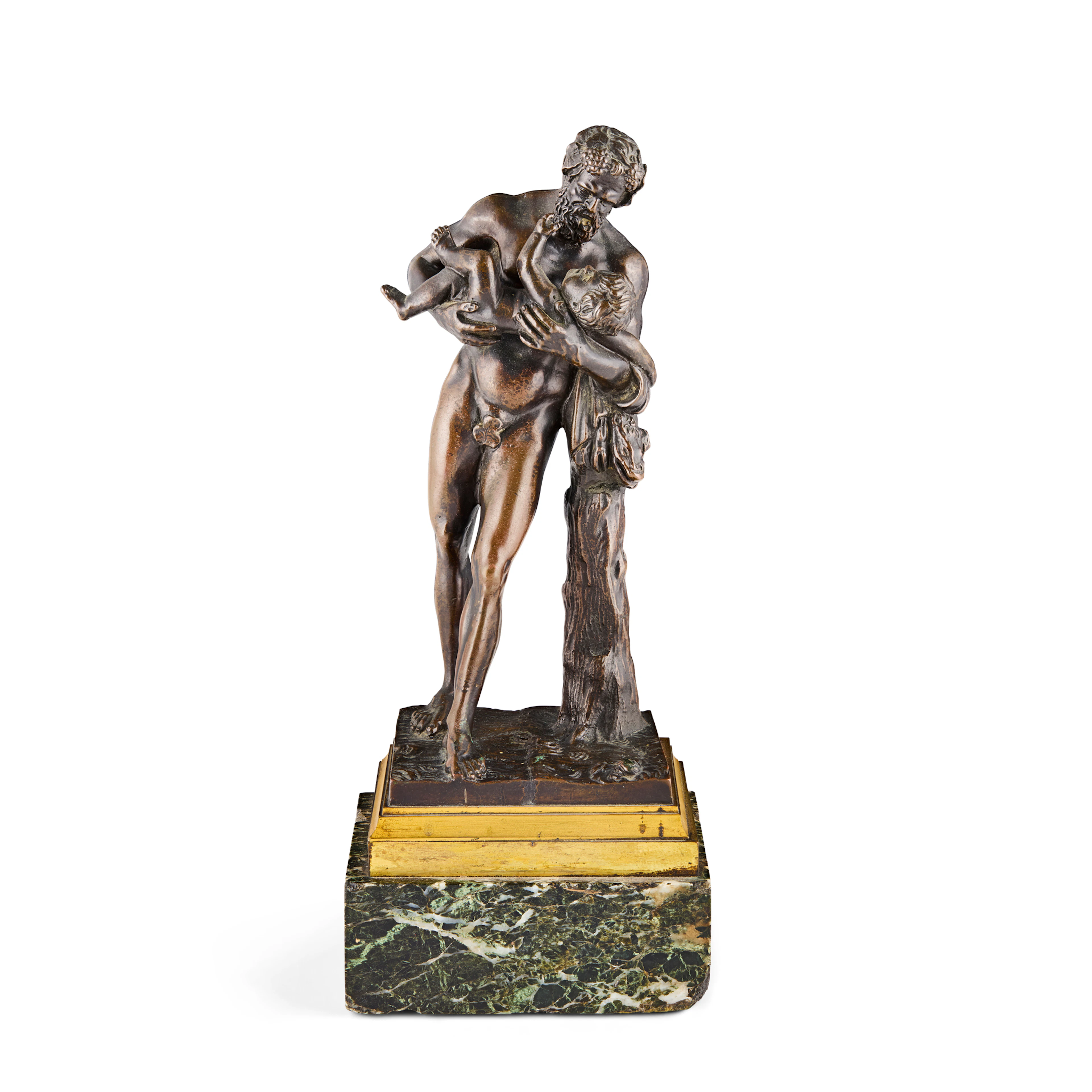 ITALIAN BRONZE FIGURE GROUP OF SILENUS AND THE INFANT BACCHUS, AFTER