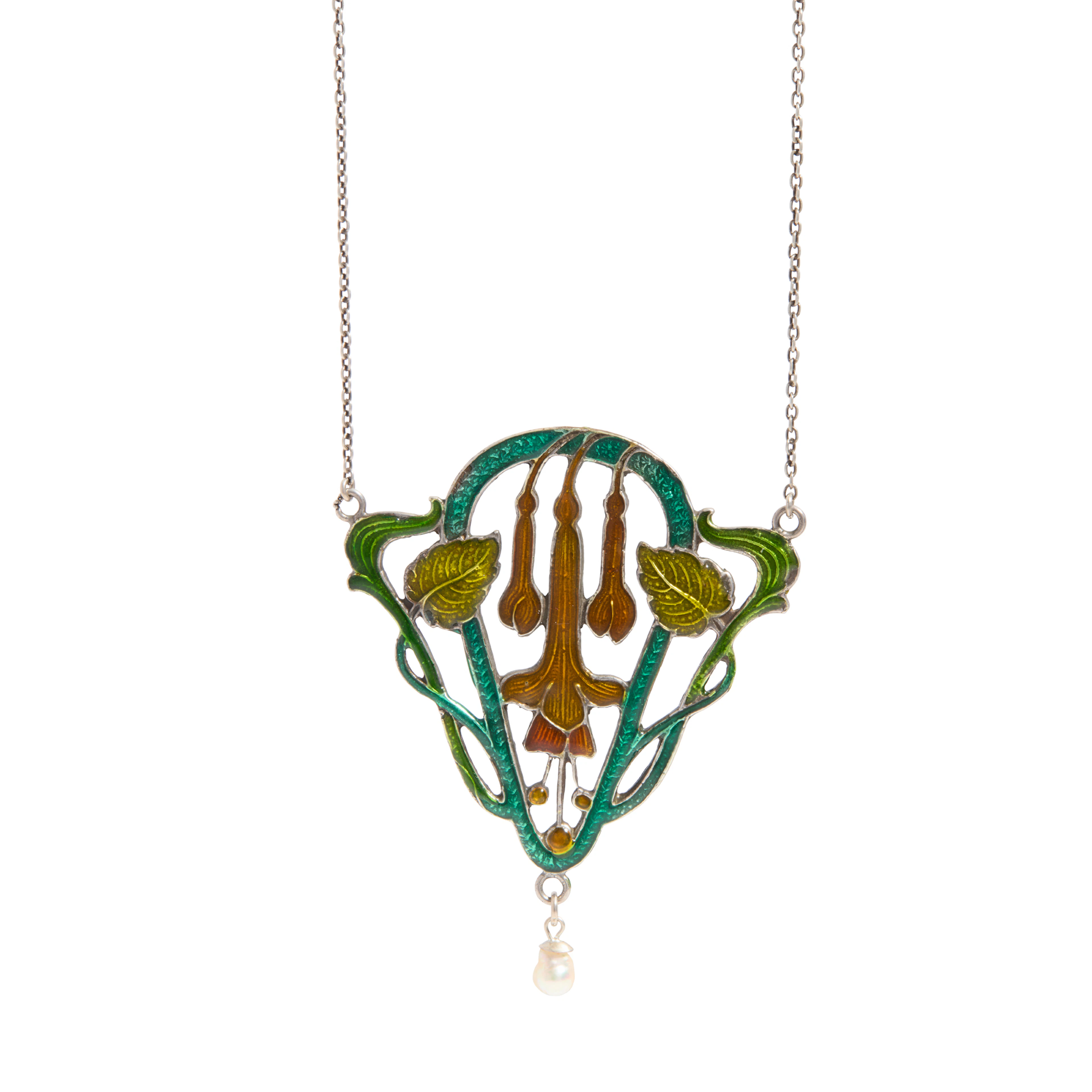 An Art Nouveau style silver, enamel and pearl drop pendant necklace