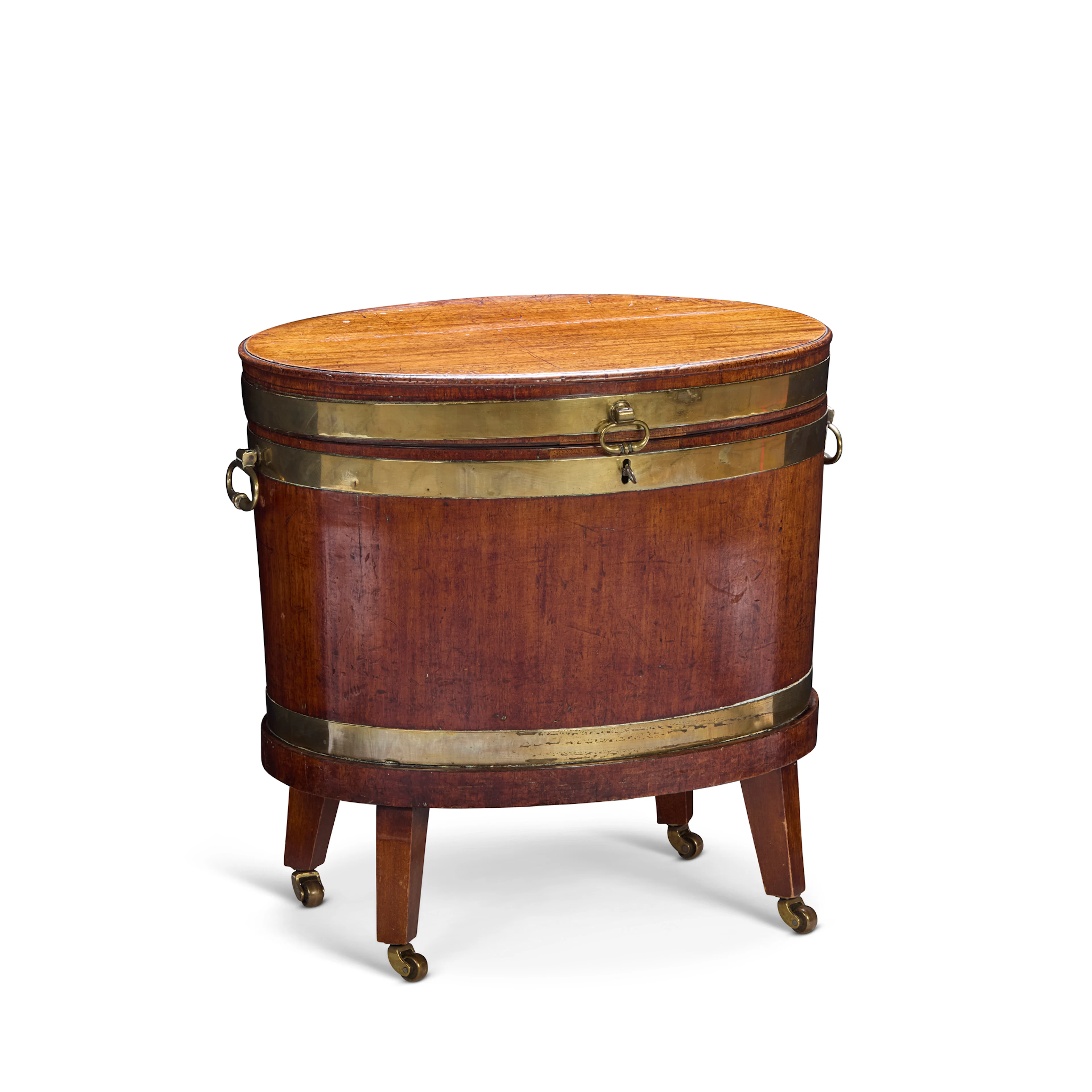 GEORGE III OVAL BRASS BANDED MAHOGANY CELLARETTE