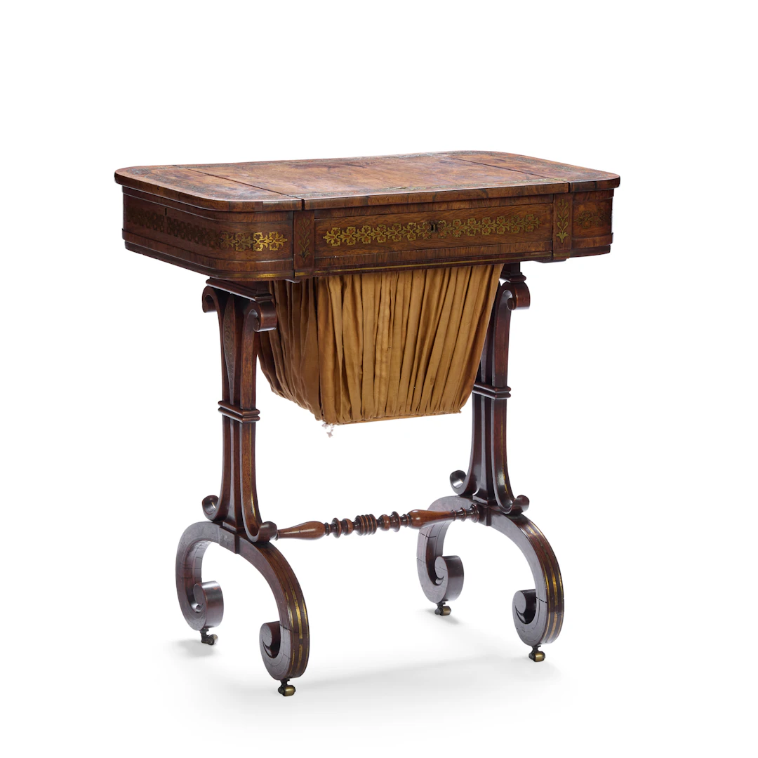 REGENCY ROSEWOOD AND BRASS INLAID WORK TABLE