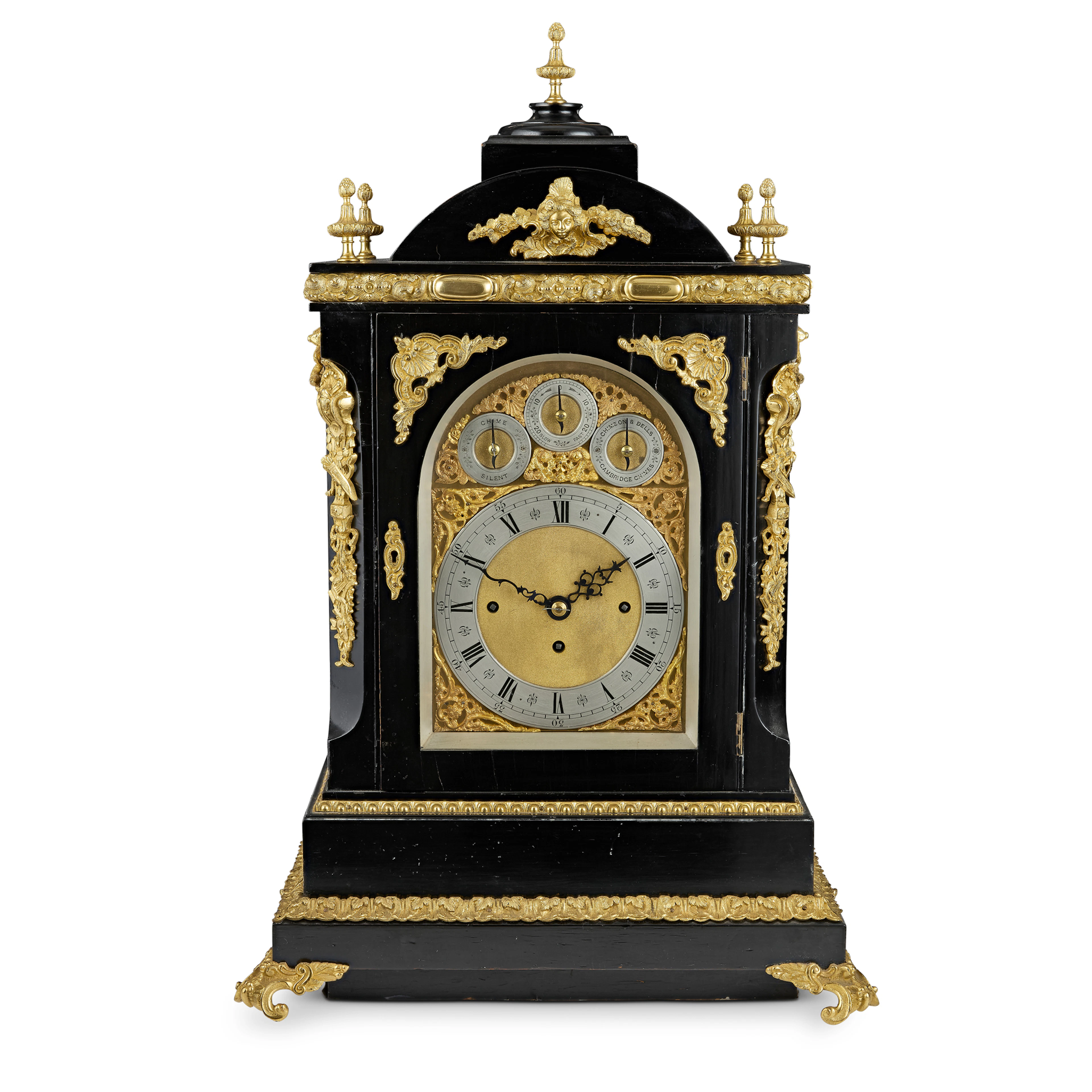 GEORGIAN STYLE EBONISED AND GILT BRASS REPEATING, QUARTER STRIKING