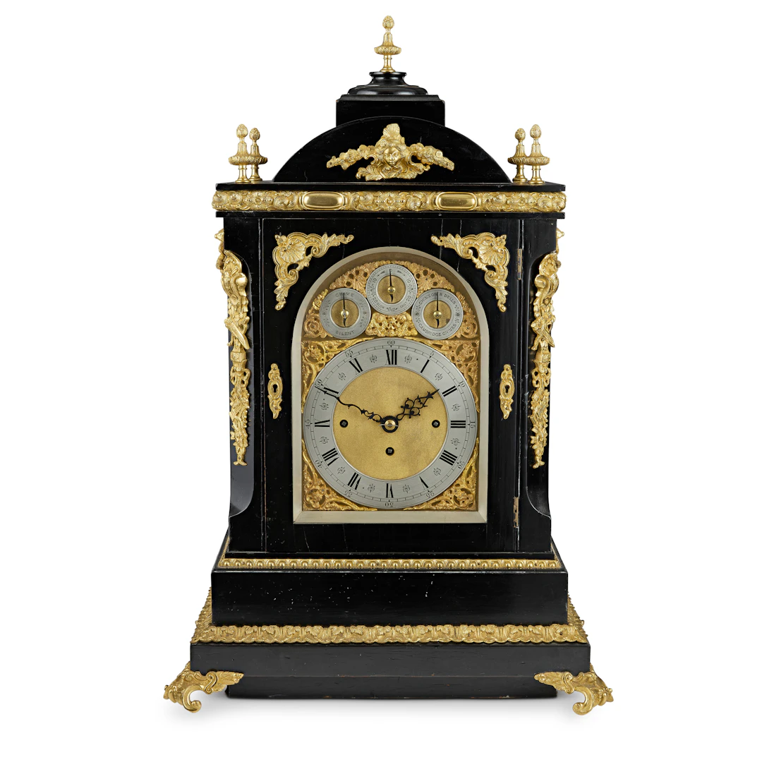 GEORGIAN STYLE EBONISED AND GILT BRASS REPEATING, QUARTER STRIKING