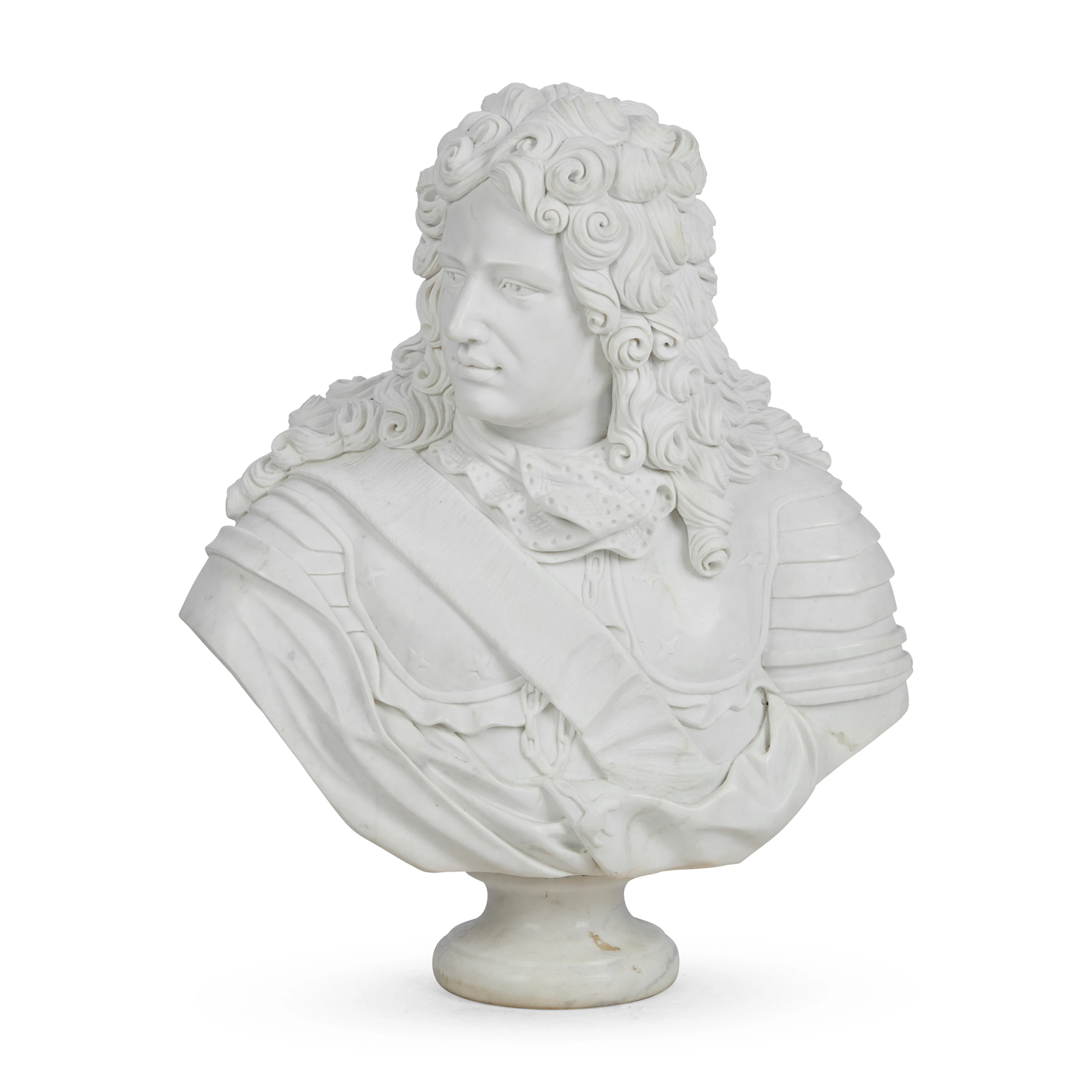 A WHITE MARBLE BUST OF A NOBLEMAN IN ARMOUR