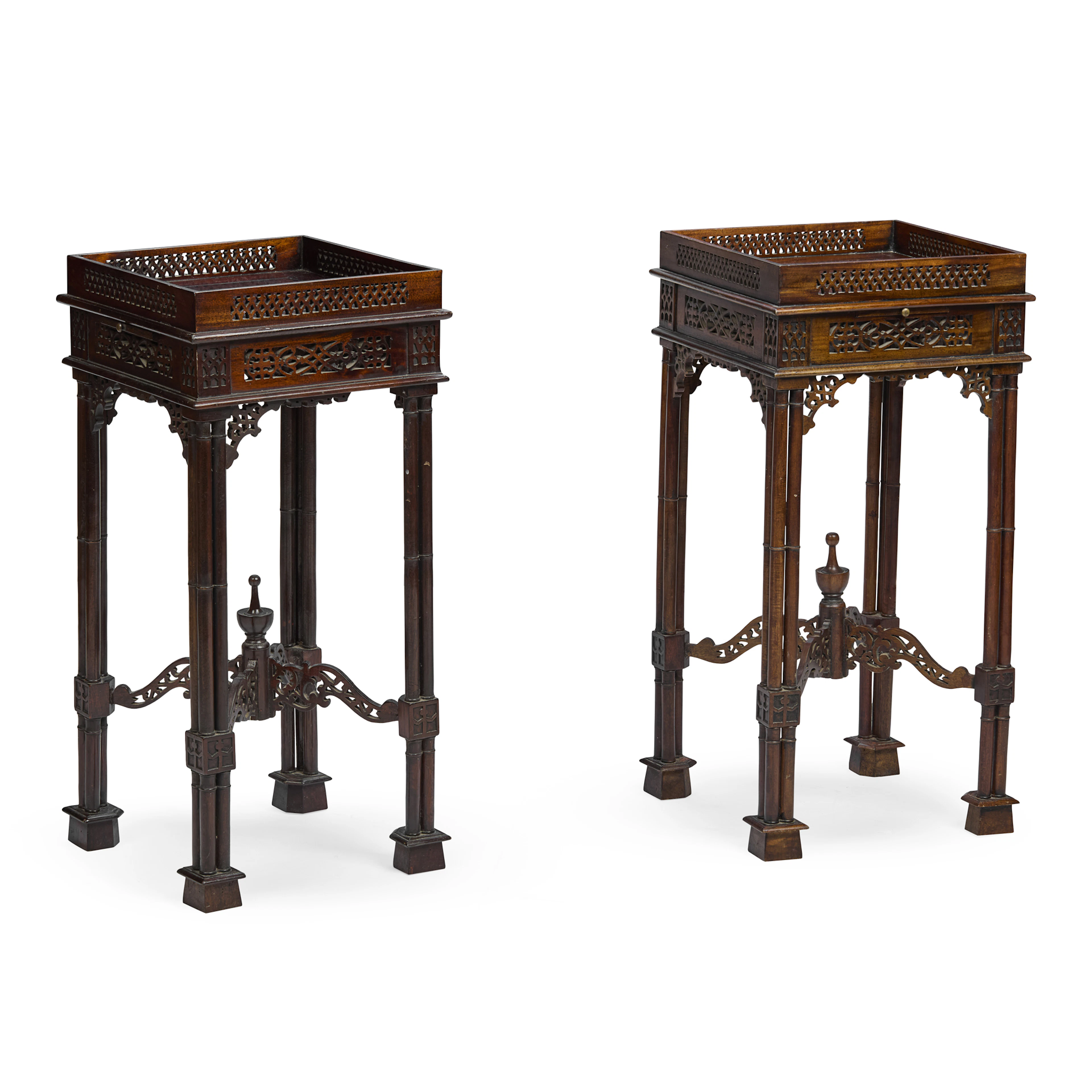PAIR OF 'CHINESE CHIPPENDALE' STYLE MAHOGANY URN STANDS