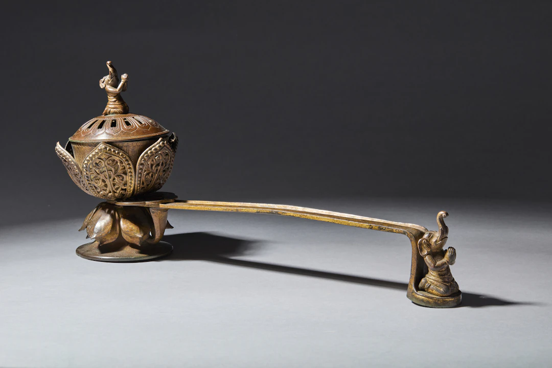 [INCENSE CULTURE] RARE GILT-BRONZE 'VINĀYAKA-GANESHA' LONG-HANDLED CENSER
