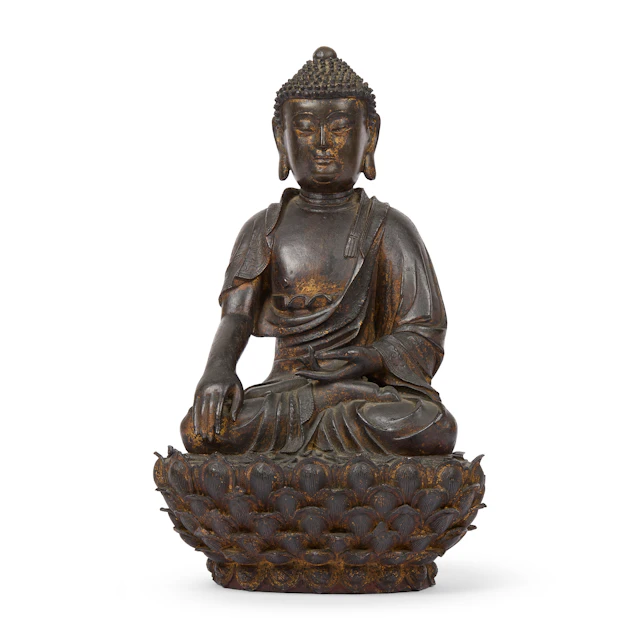 LARGE CHINESE GILT-BRONZE FIGURE OF BUDDHA SHAKYAMUNI