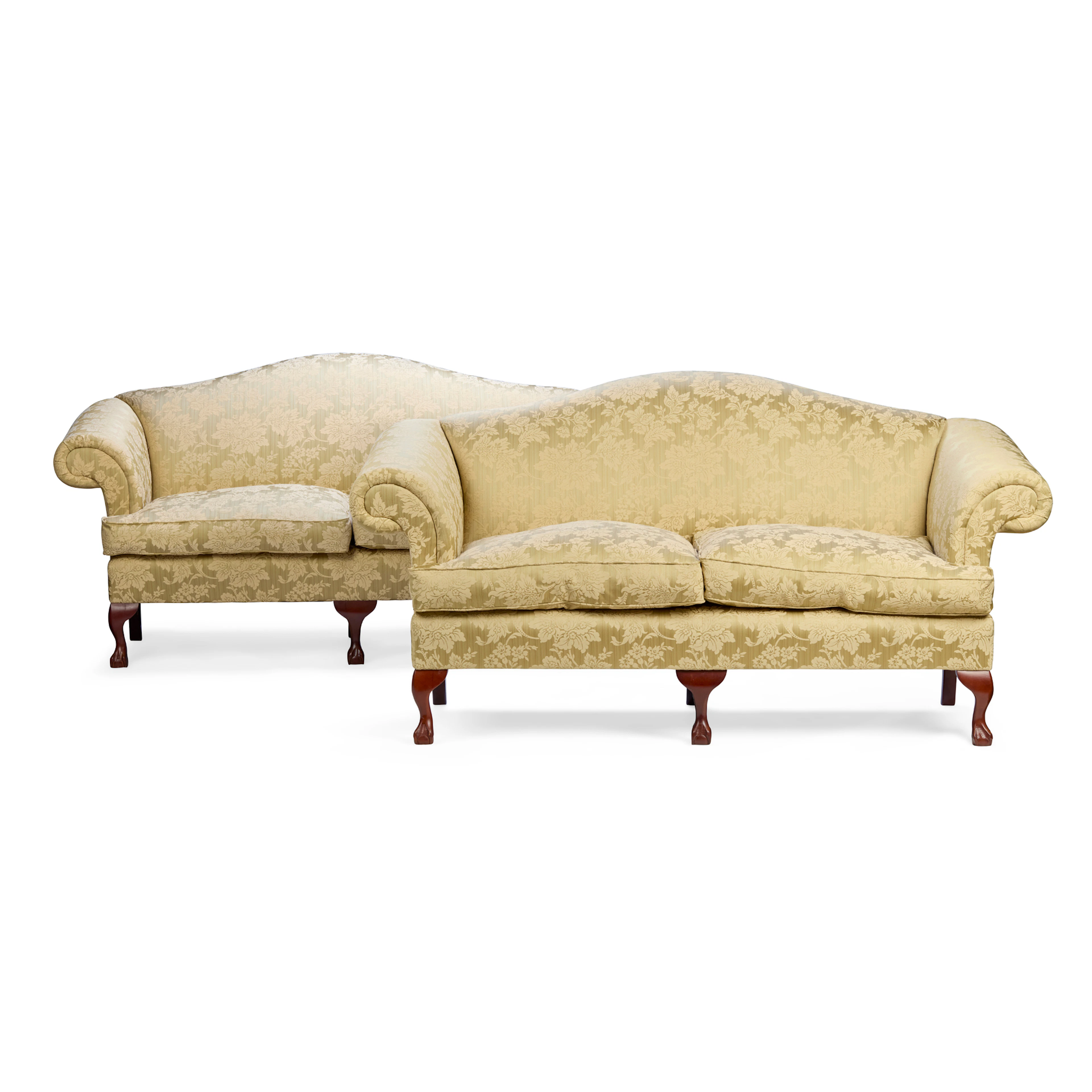 PAIR OF GEORGIAN STYLE HUMPBACK TWO-SEAT SOFAS, BY WESLEY BARRELL