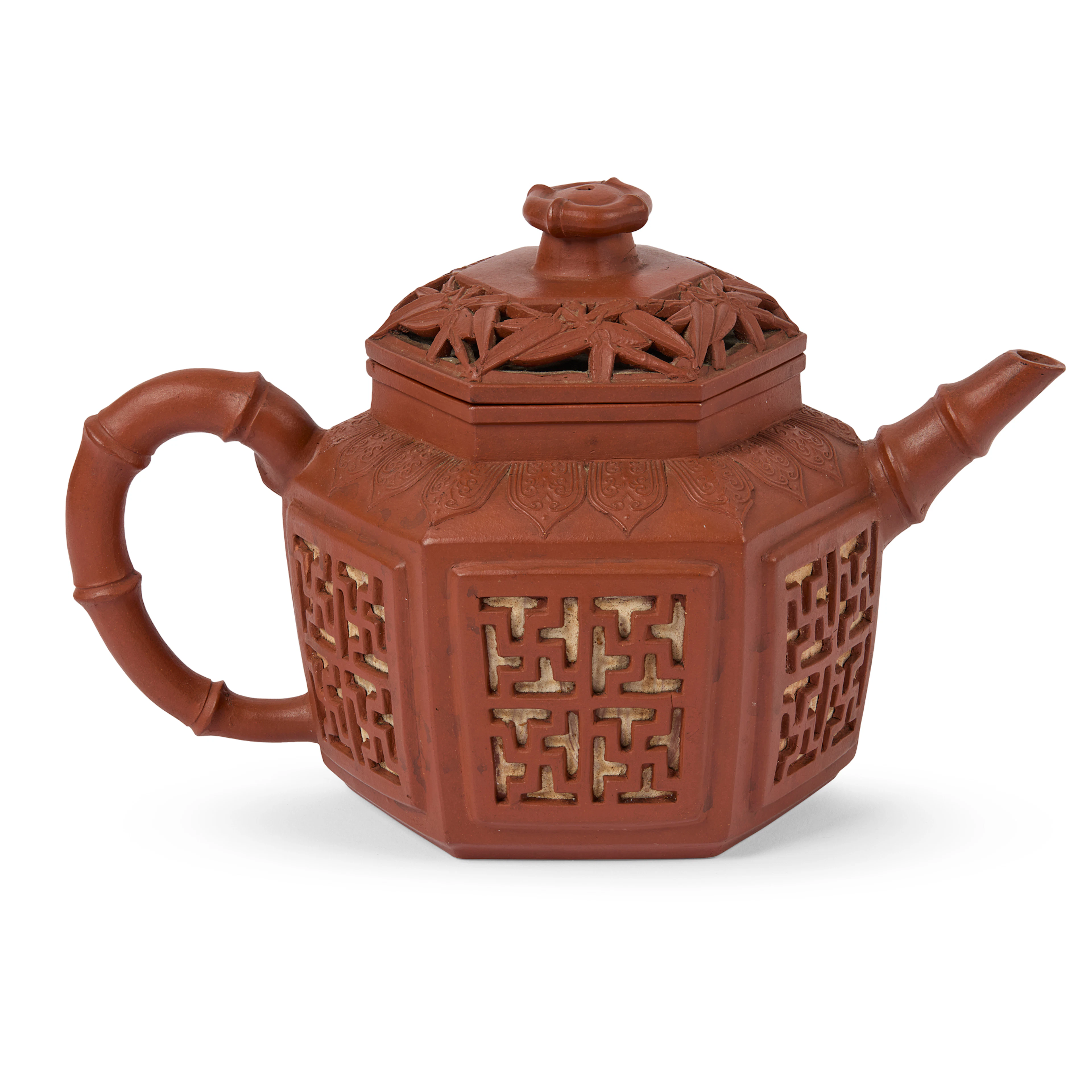 [DRINKING CULTURE] CHINESE YIXING STONEWARE HEXAGONAL 'WINDOW' TEAPOT