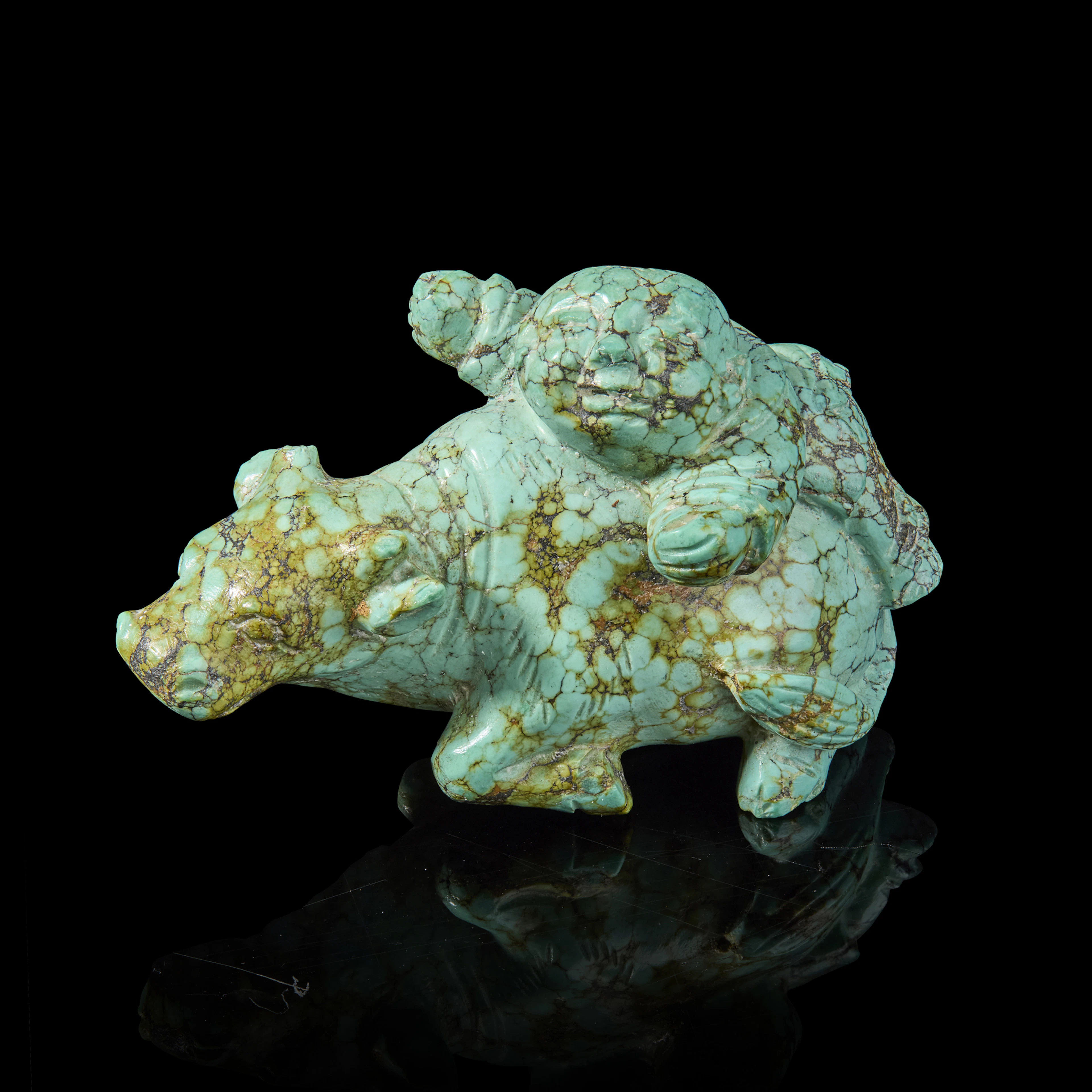 CHINESE TURQUOISE MATRIX CARVING OF HERDBOY ON BUFFALO