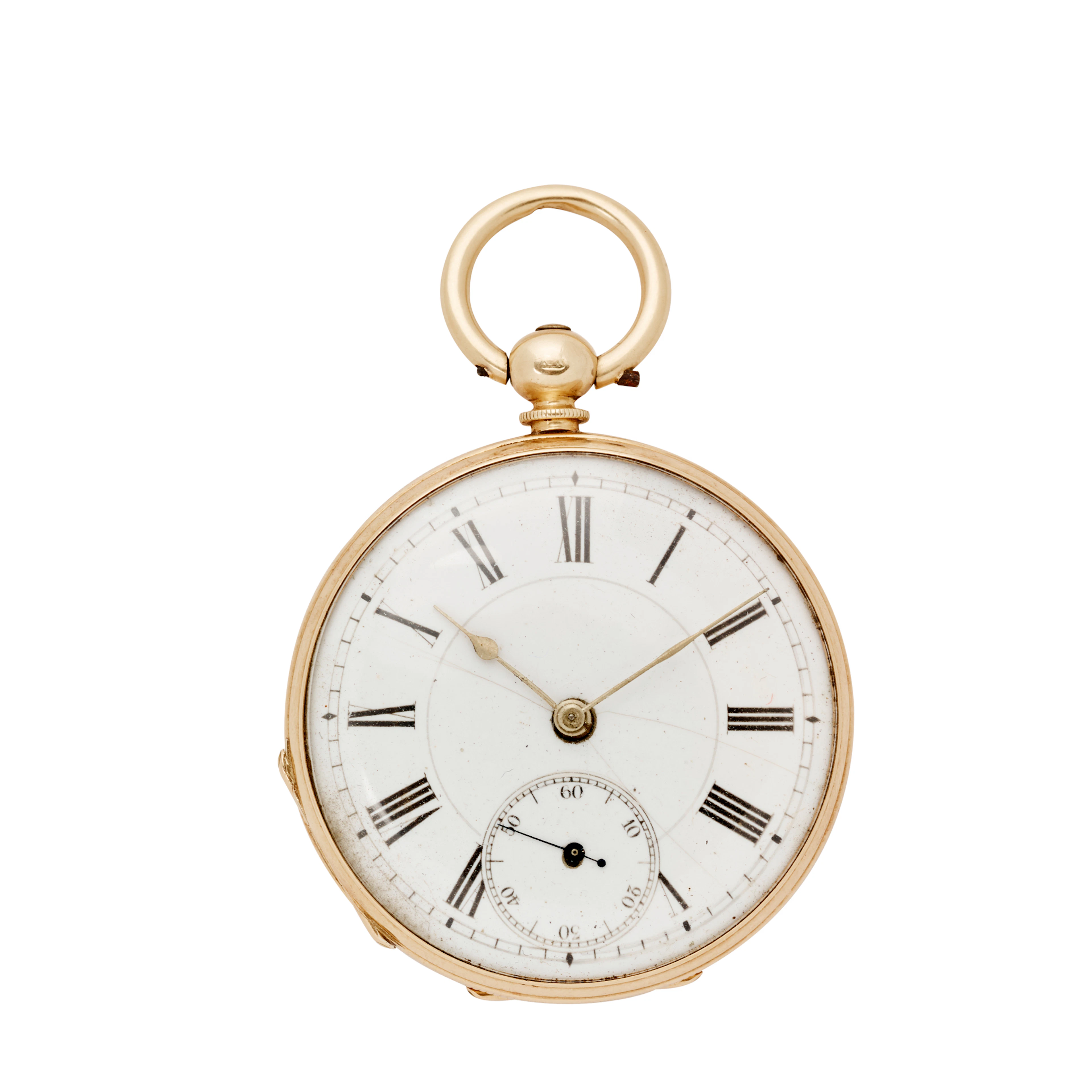Unsigned. An 18k gold open face key-wind pocket watch
