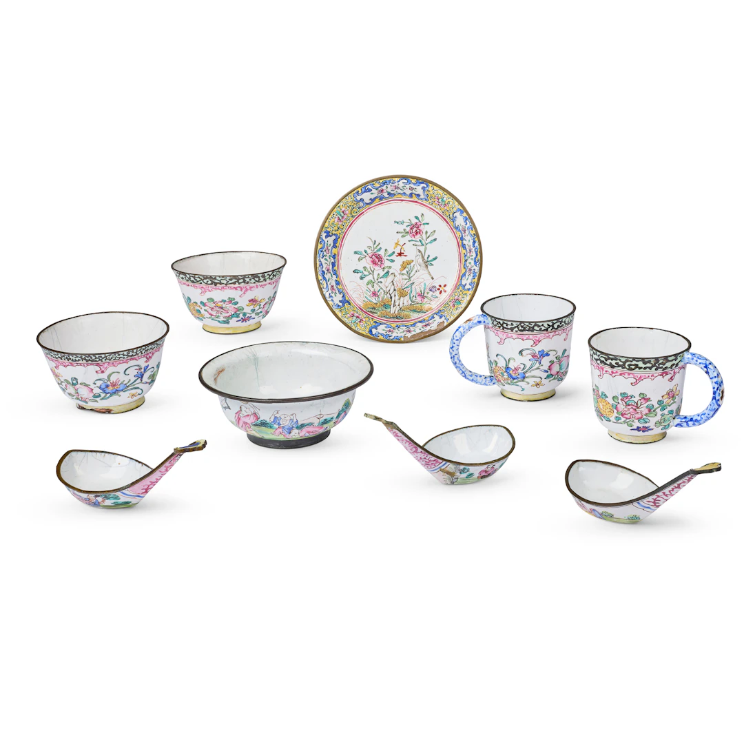 [DRINKING CULTURE] GROUP OF NINE CANTON PAINTED ENAMEL CUPS, SAUCER AND SPOONS