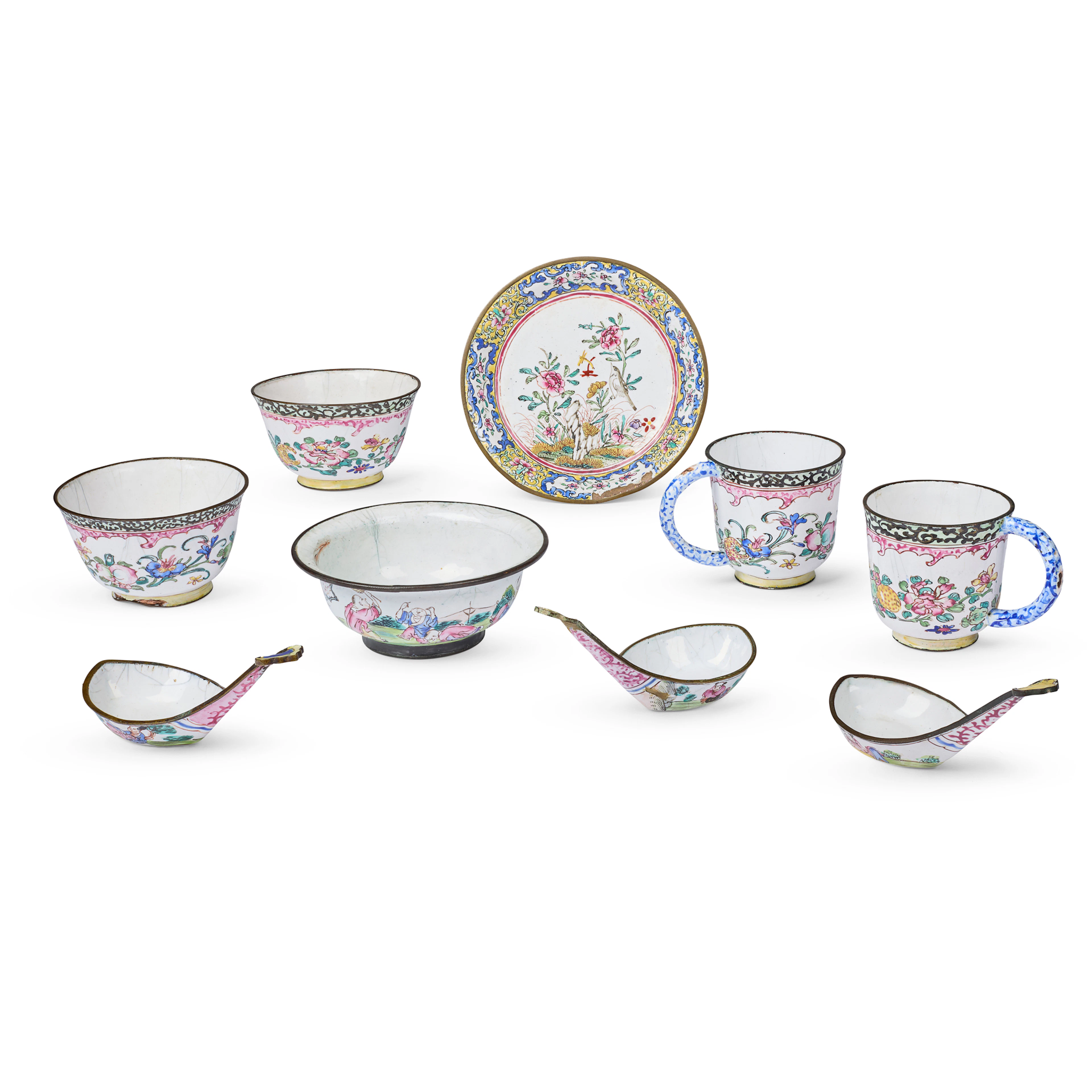 [DRINKING CULTURE] GROUP OF NINE CANTON PAINTED ENAMEL CUPS, SAUCER AND SPOONS