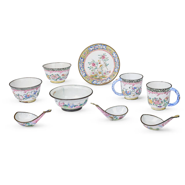 [DRINKING CULTURE] GROUP OF NINE CANTON PAINTED ENAMEL CUPS, SAUCER AND SPOONS