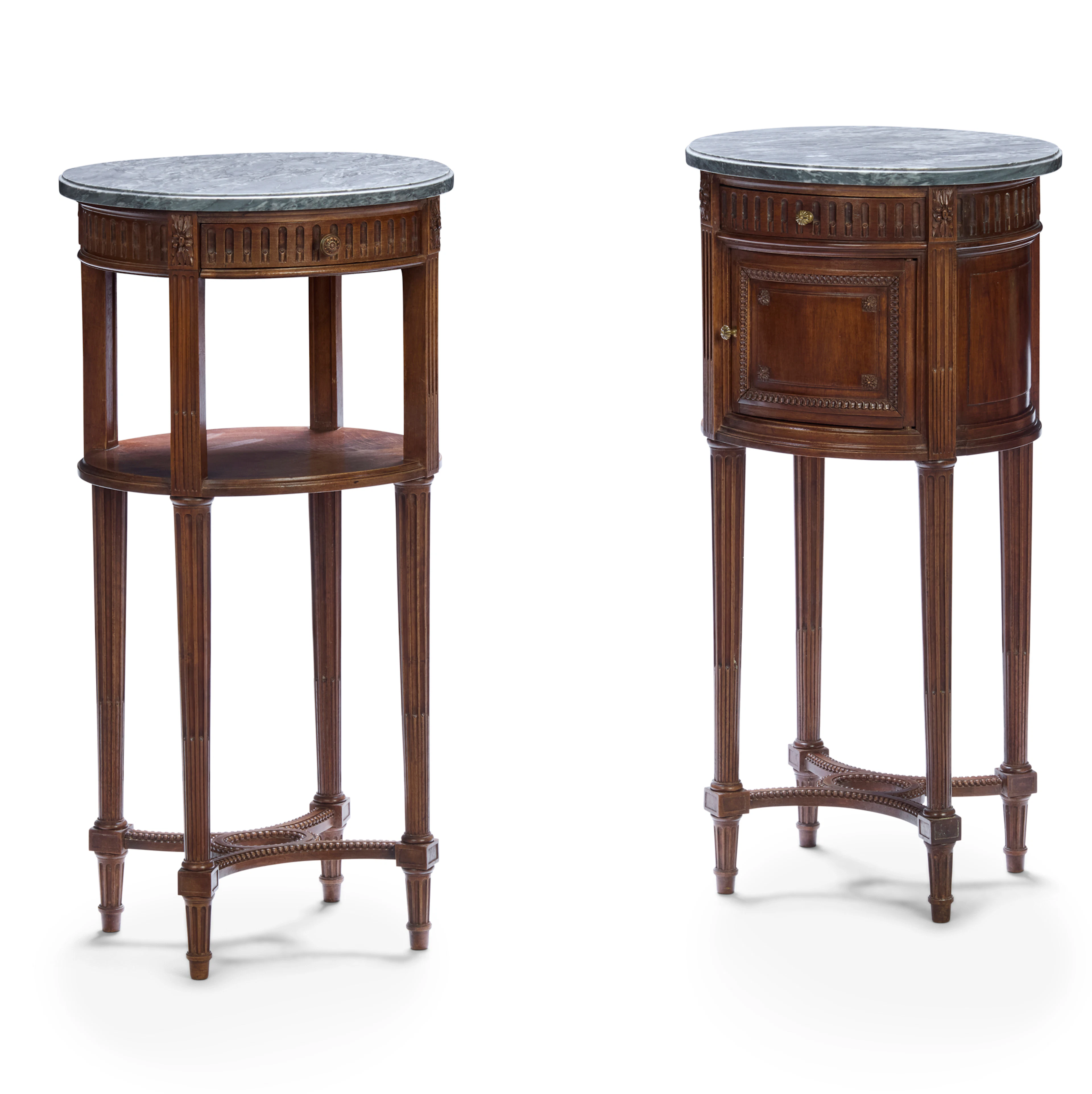 PAIR OF LOUIS XVI STYLE ACAJOU AND MARBLE TOPPED DRUM CHIFFONIERES
