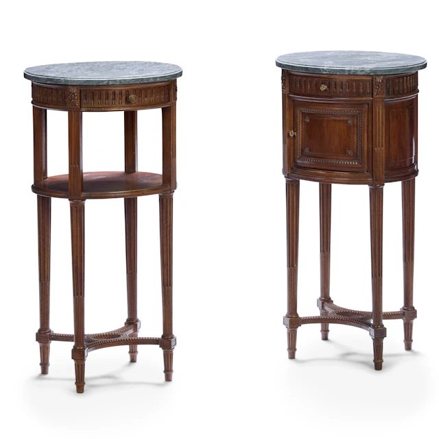 PAIR OF LOUIS XVI STYLE ACAJOU AND MARBLE TOPPED DRUM CHIFFONIERES