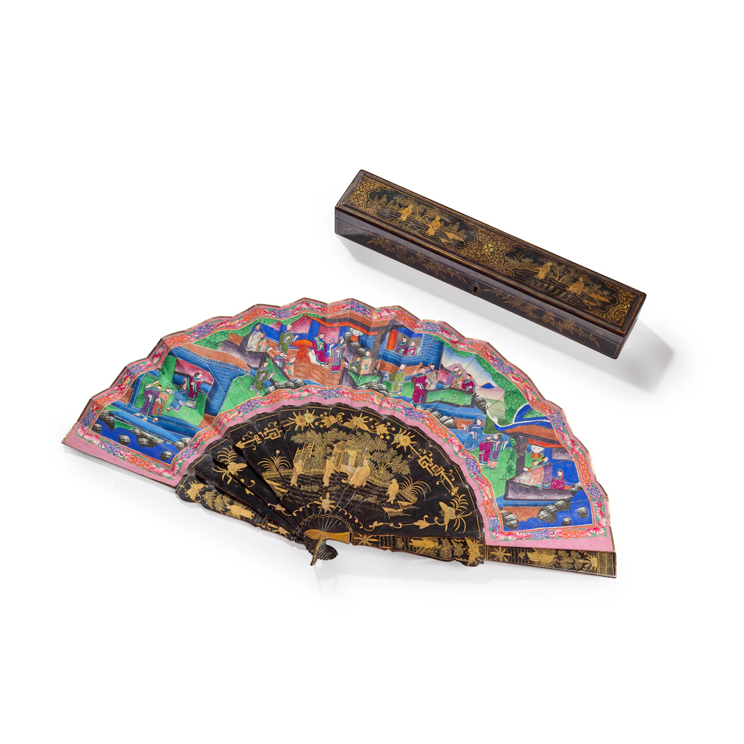 CANTON GILT-DECORATED LACQUER AND PAPER FAN