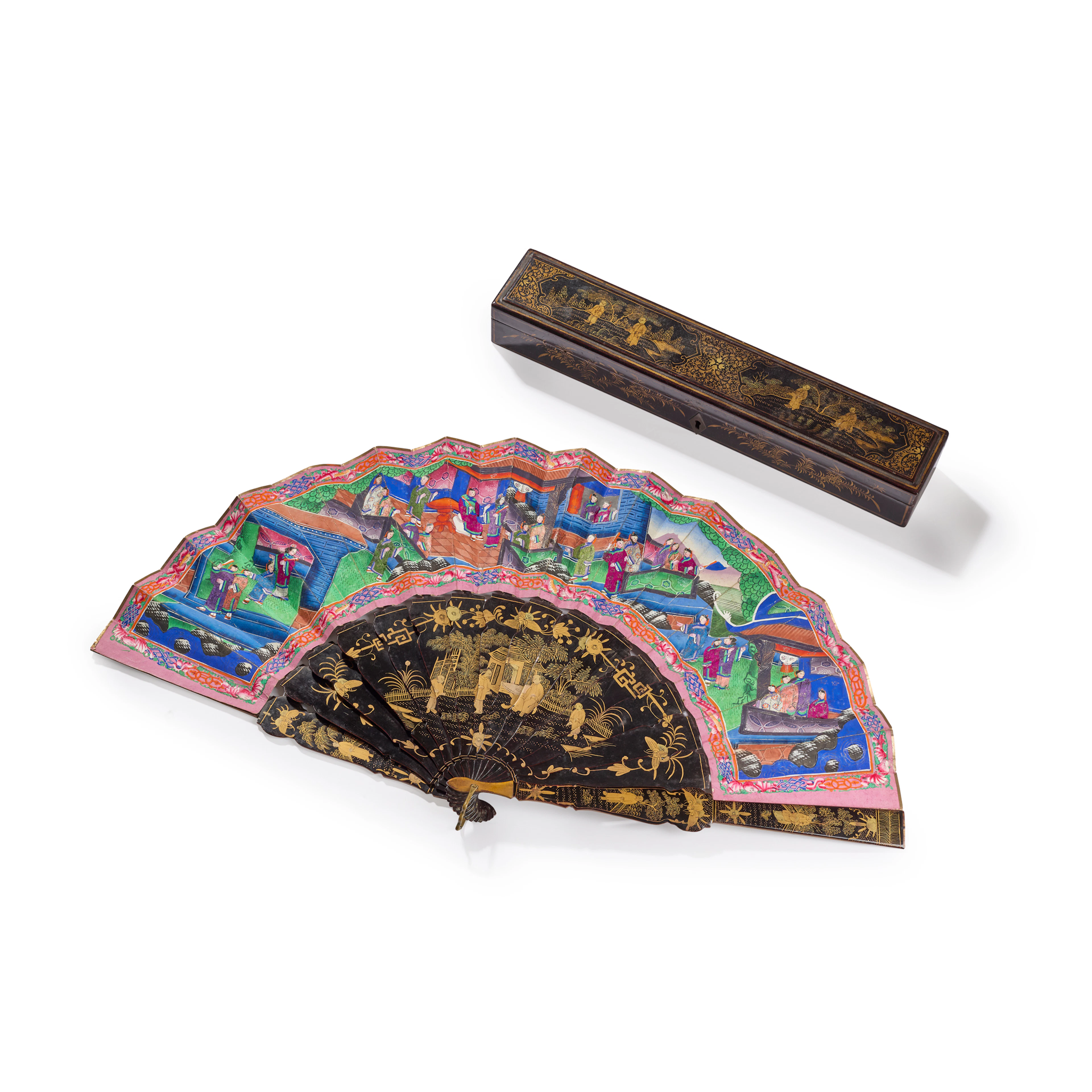 CANTON GILT-DECORATED LACQUER AND PAPER FAN
