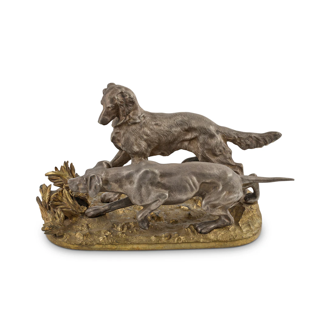 GILT AND SILVERED BRONZE ANIMALIER FIGURE GROUP, AFTER PIERRE JULES